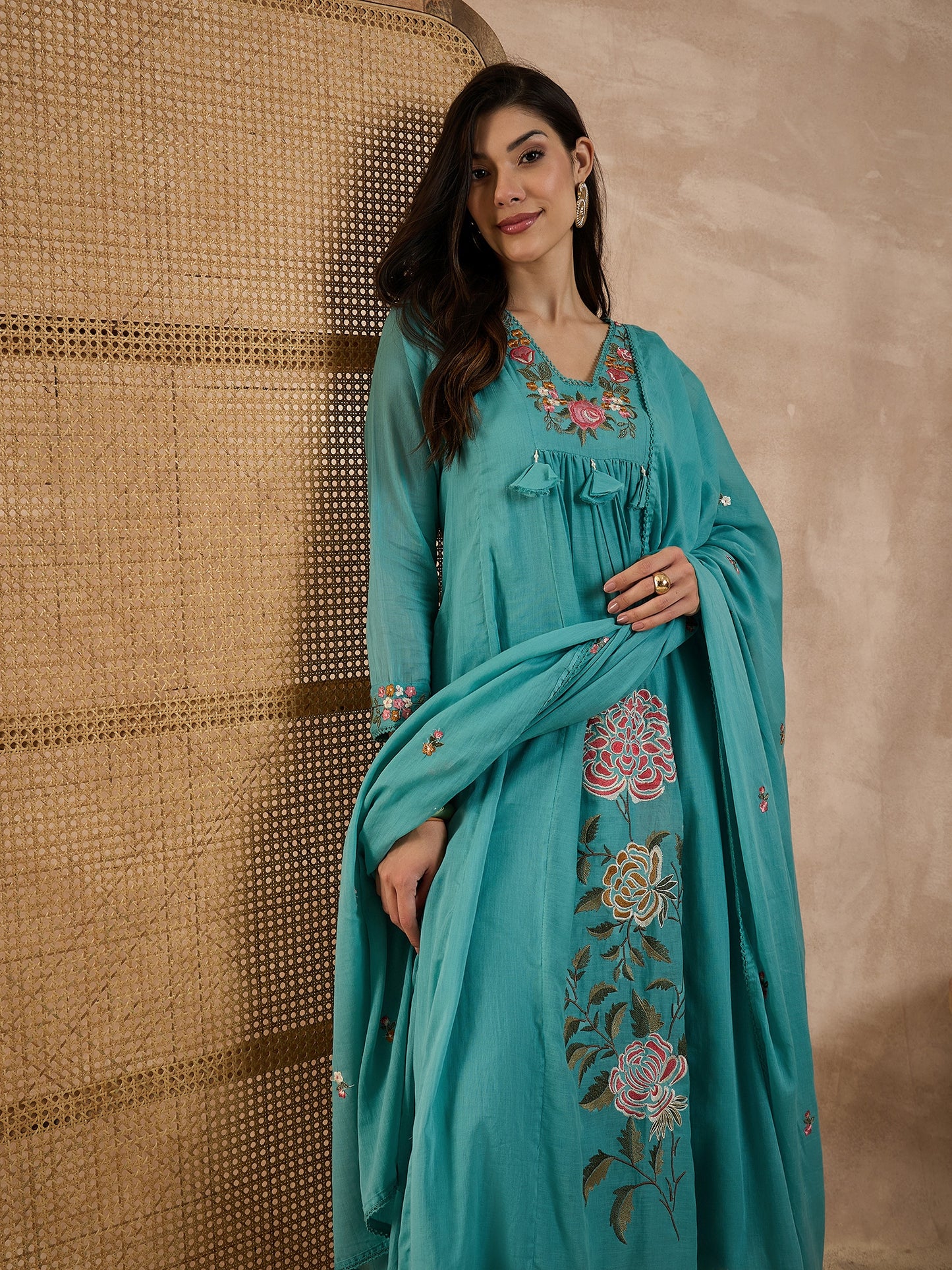 Floral Embroidered Pleated Thread Work A-Line Kurta With Trousers & Dupatta