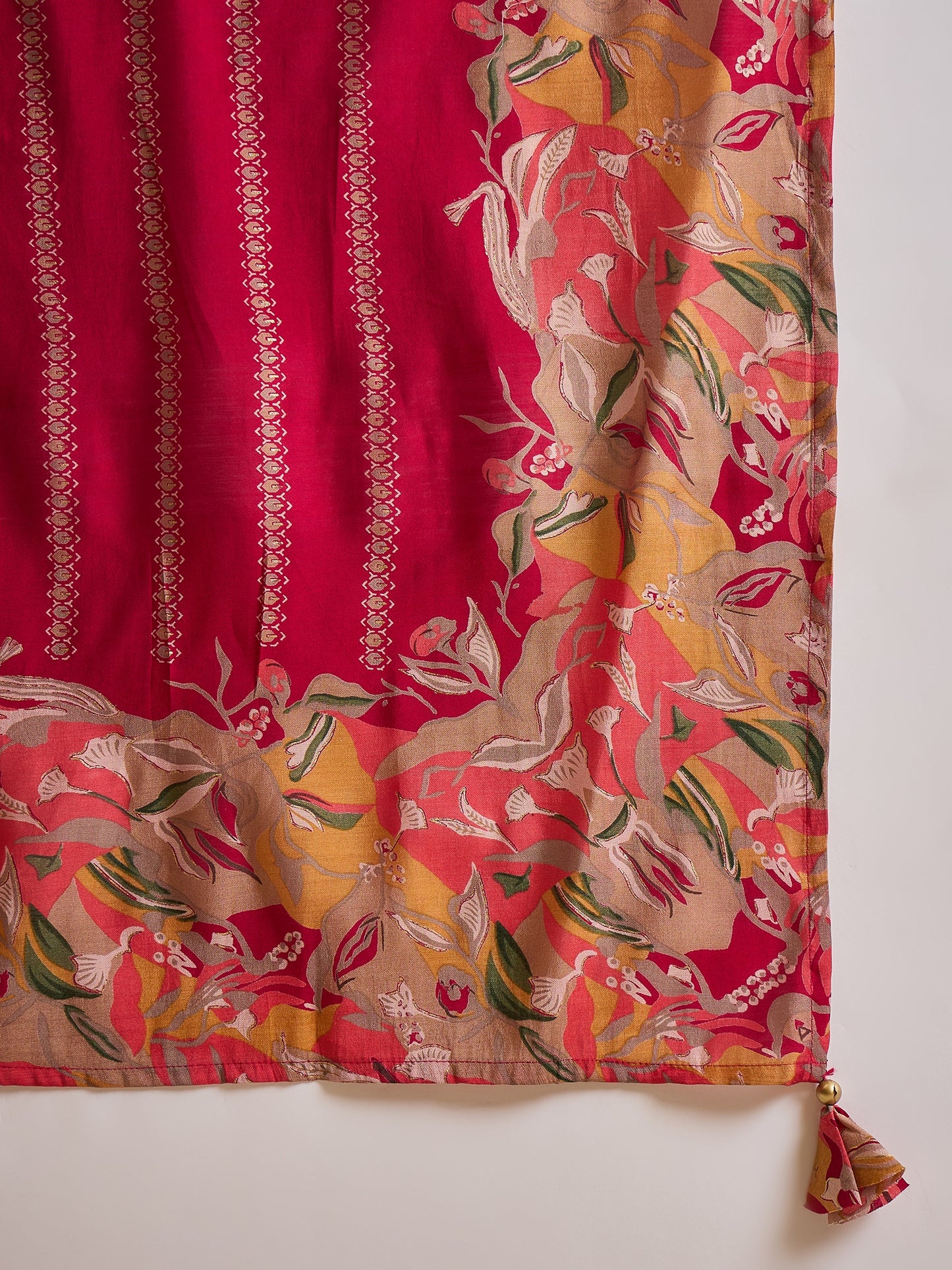 Floral Printed High Slit Thread Work Raw Silk Kurta With Trousers & Dupatta