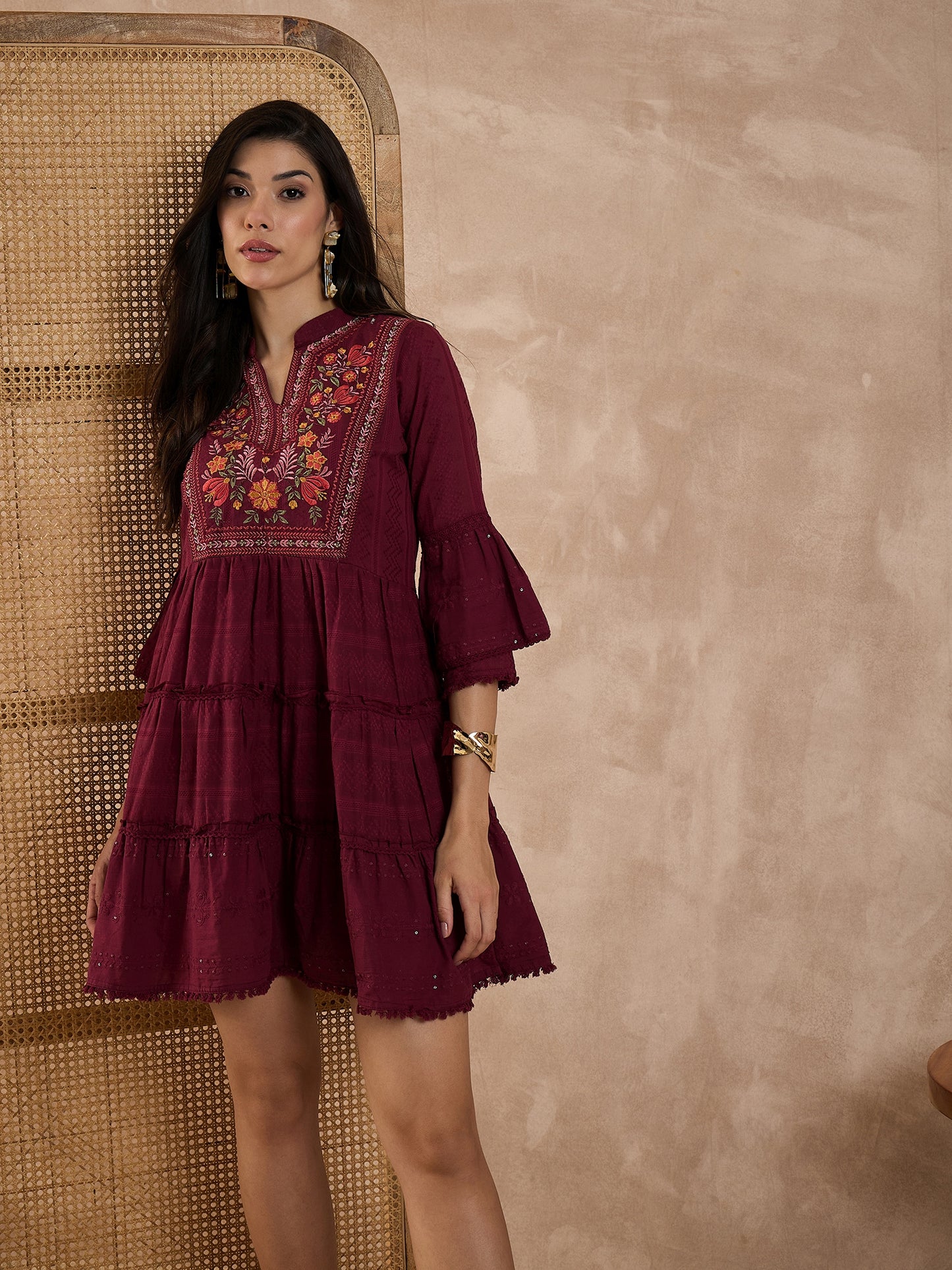 Women Embroidered Pure Cotton Dobby A-Line Dress