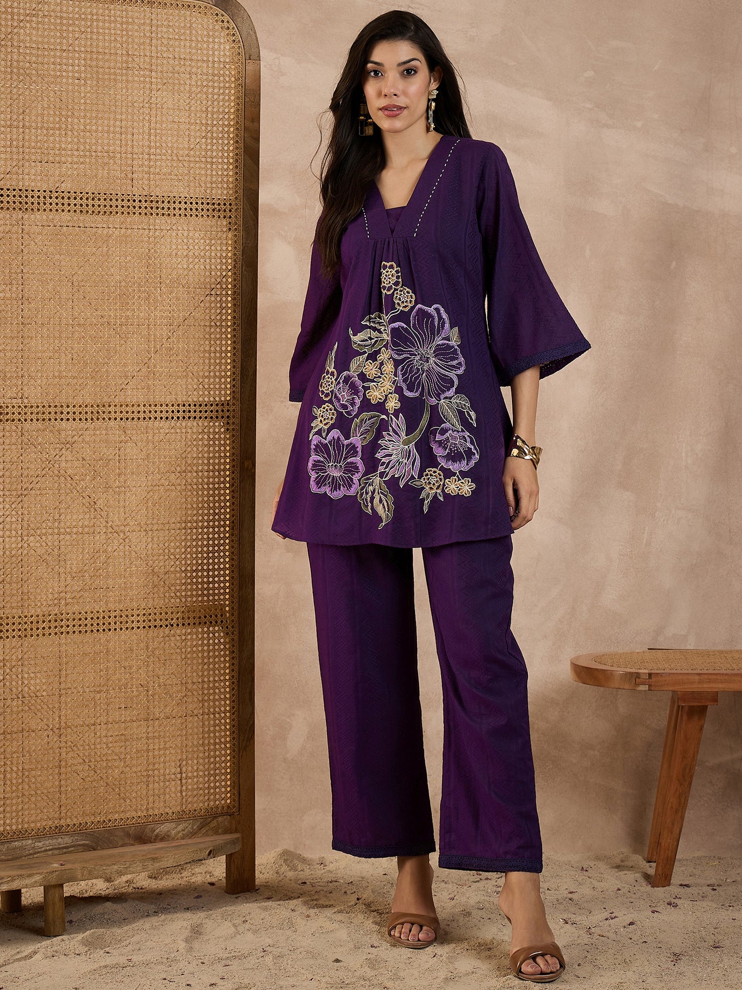 Women Embroidered Pure Cotton Dobby Co-ord Set