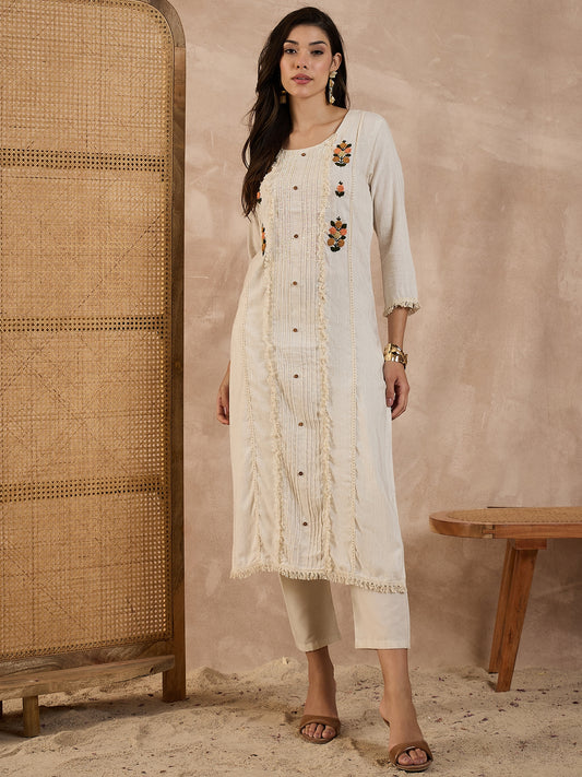 Women Pure Cotton Floral Embroidered Hand Work Kurti With Some Sequence