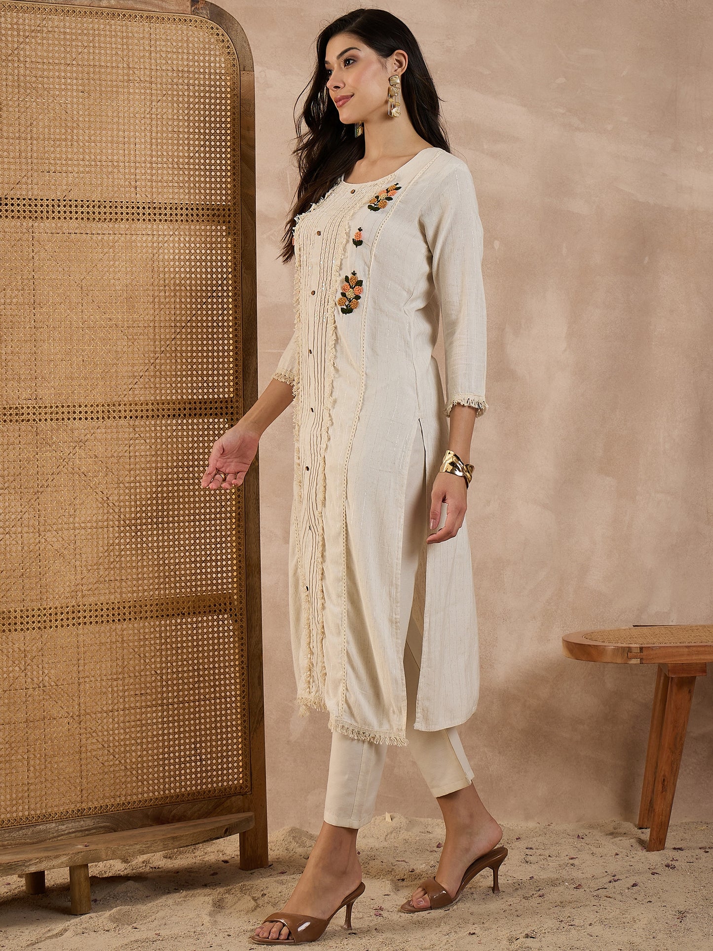 Women Pure Cotton Floral Embroidered Hand Work Kurti With Some Sequence