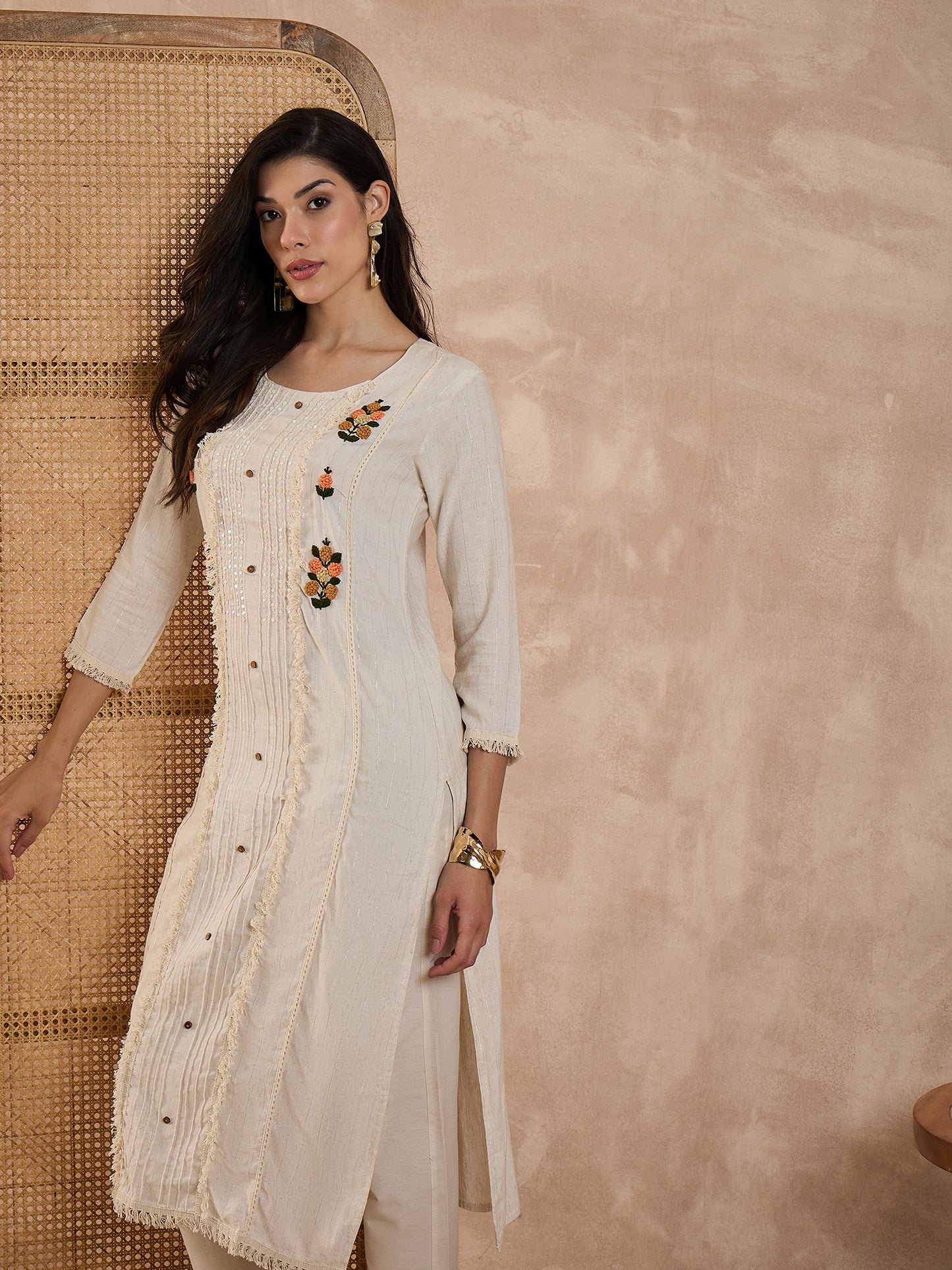 Women Pure Cotton Floral Embroidered Hand Work Kurti With Some Sequence