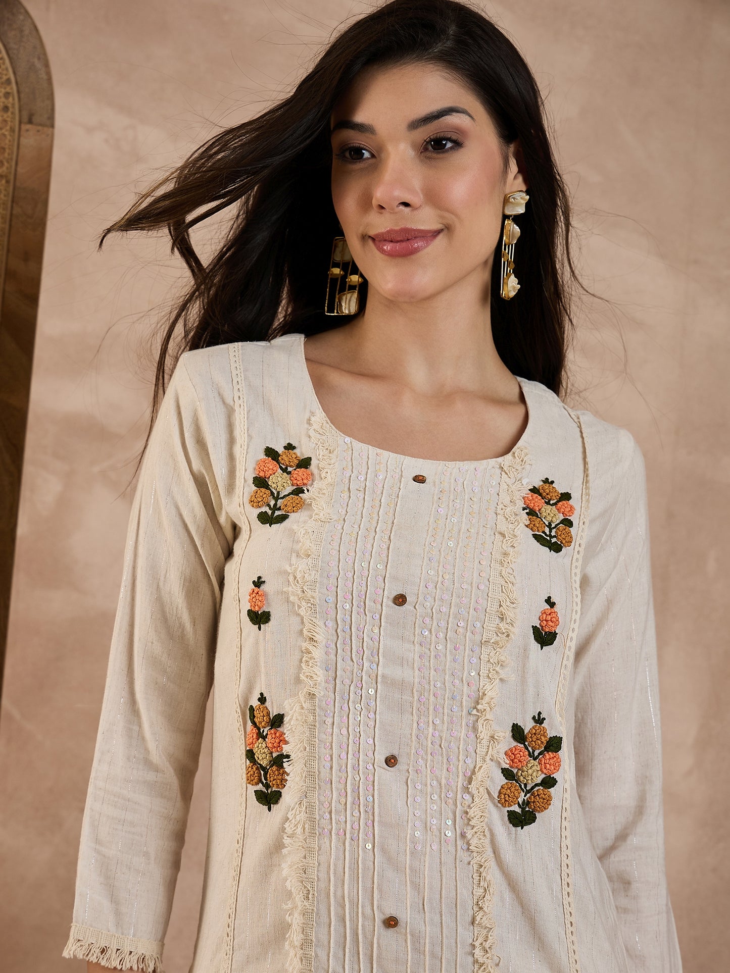 Women Pure Cotton Floral Embroidered Hand Work Kurti With Some Sequence
