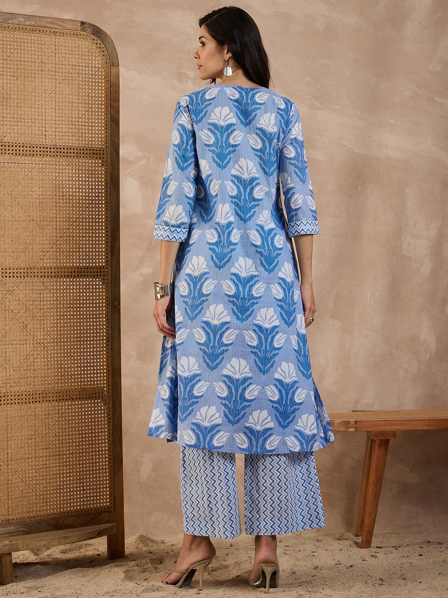 Floral Printed V-Neck Pure Cotton Tunic With Palazzo