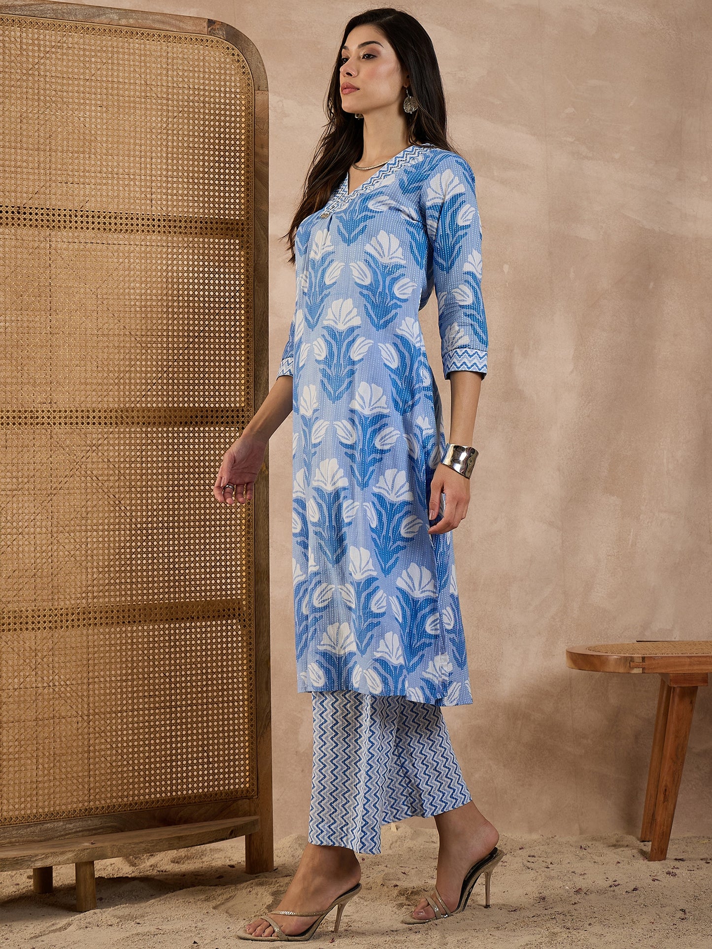 Floral Printed V-Neck Pure Cotton Tunic With Palazzo