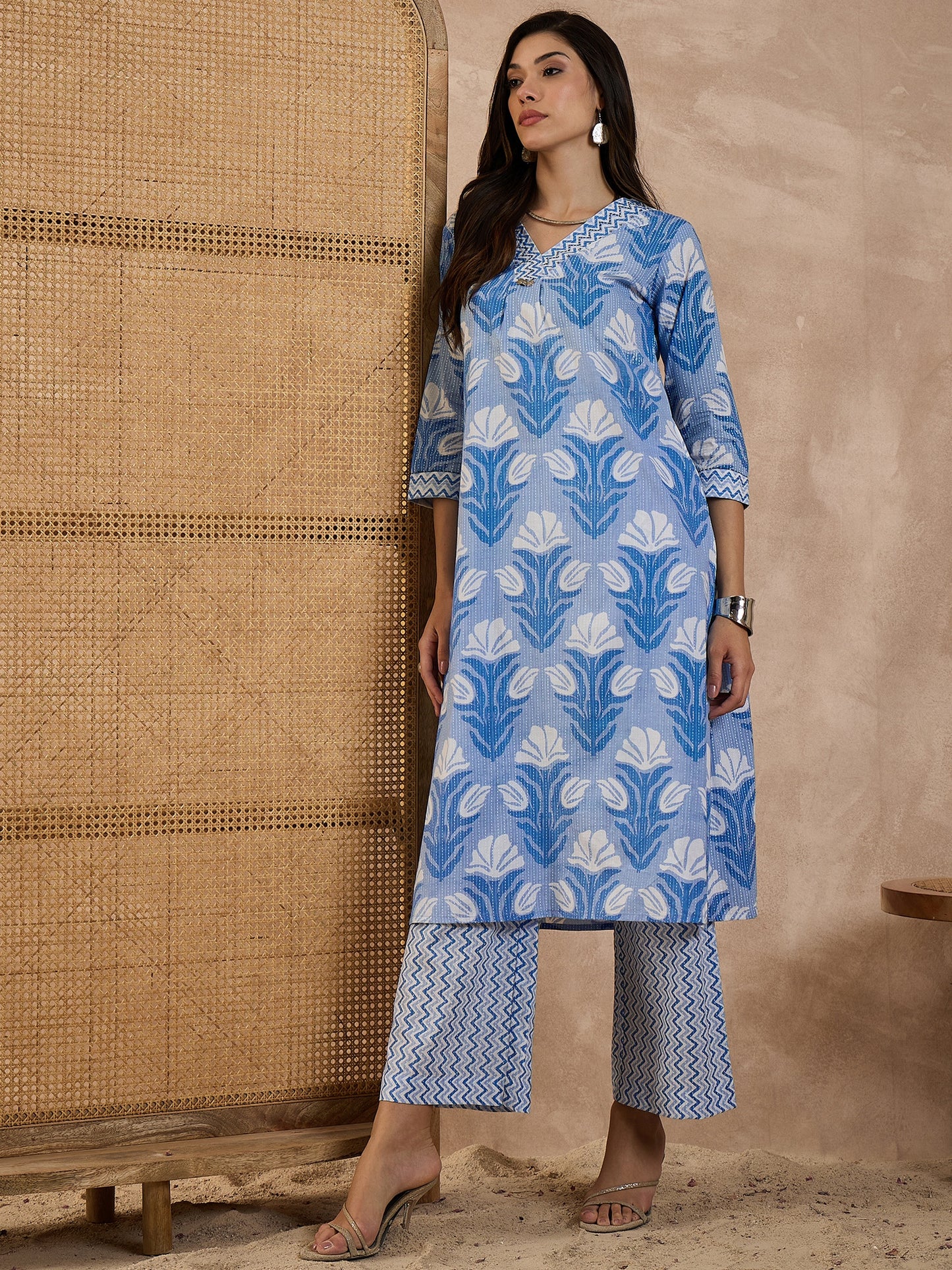 Floral Printed V-Neck Pure Cotton Tunic With Palazzo