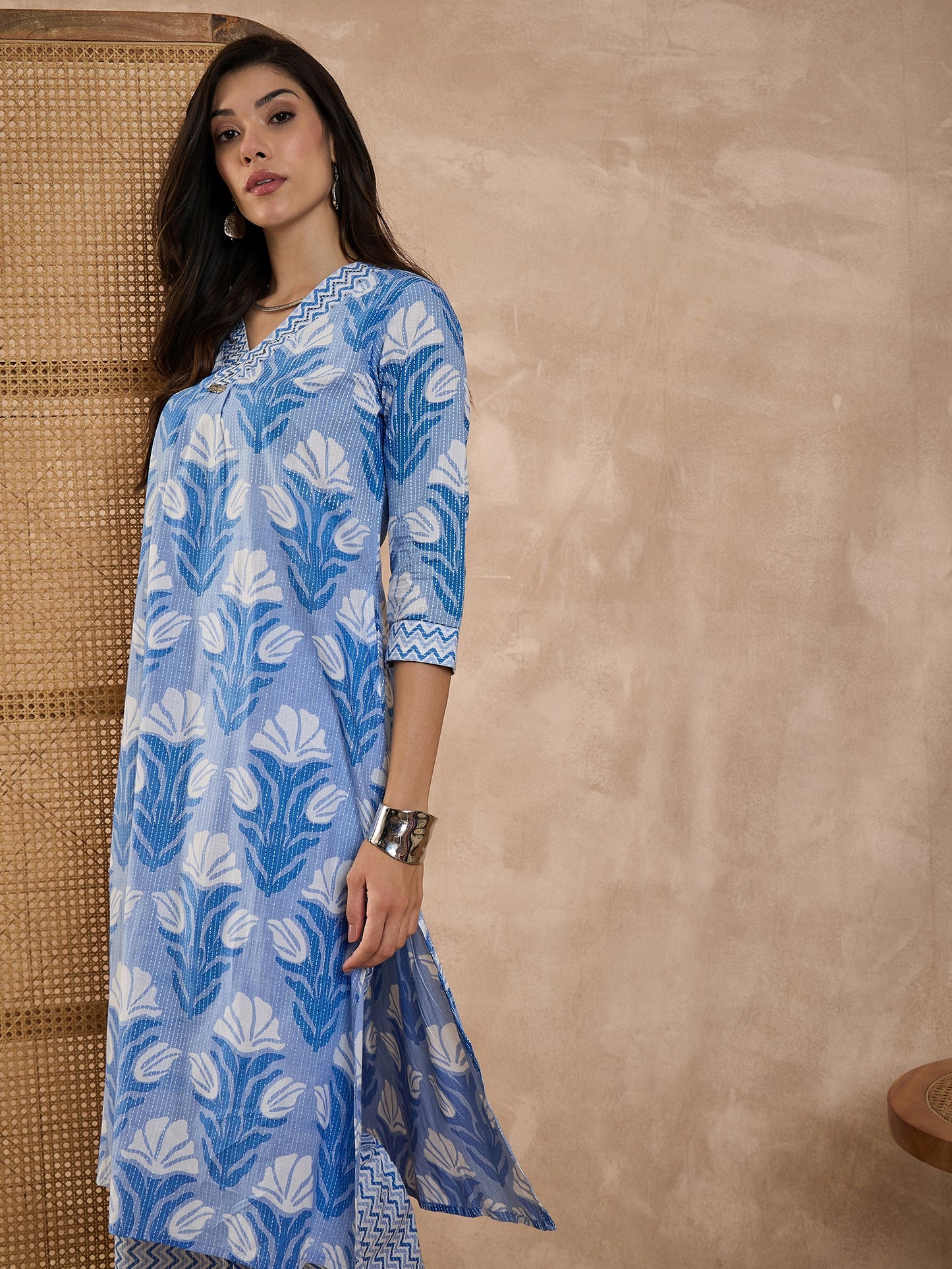 Floral Printed V-Neck Pure Cotton Tunic With Palazzo