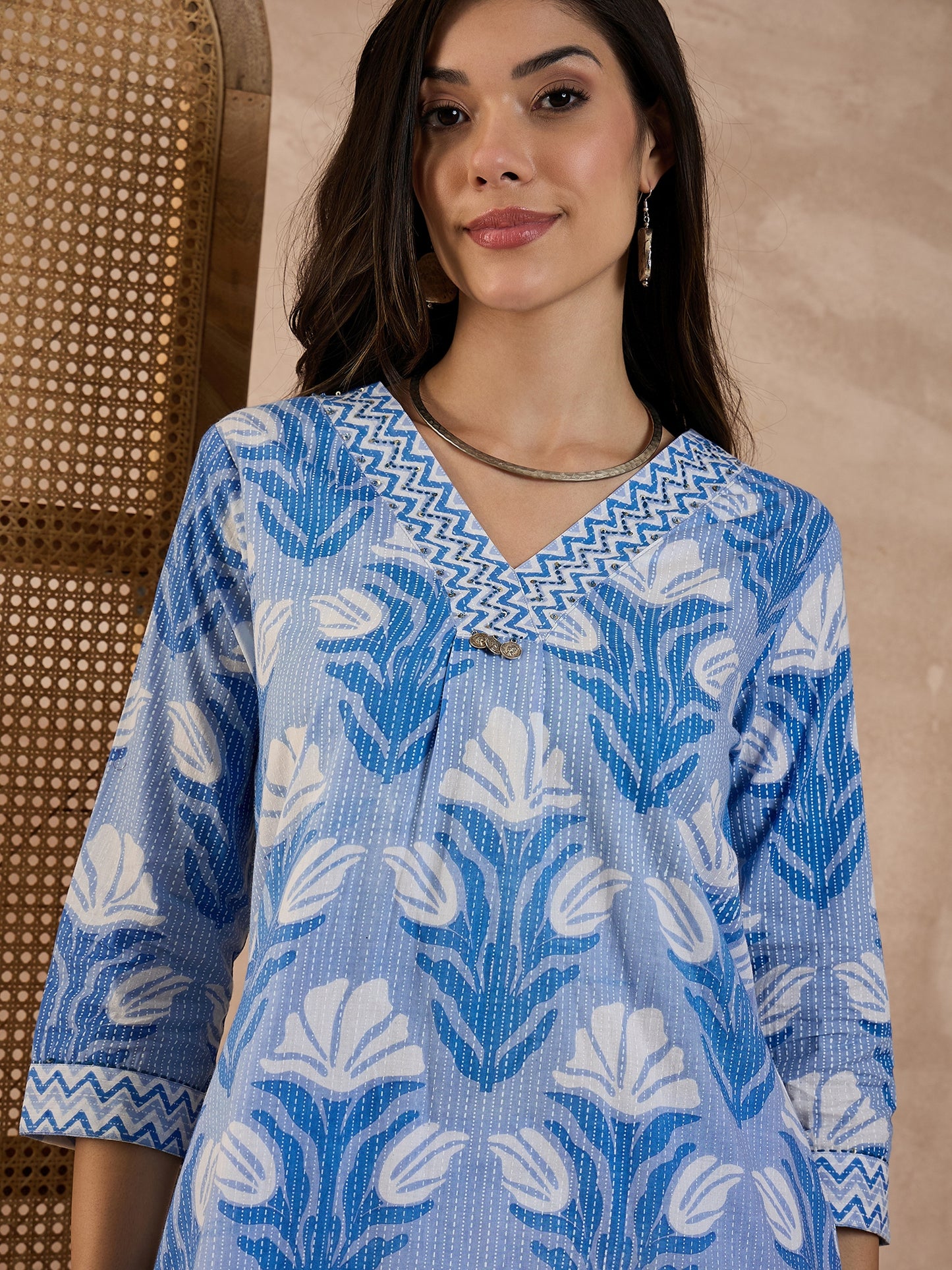 Floral Printed V-Neck Pure Cotton Tunic With Palazzo