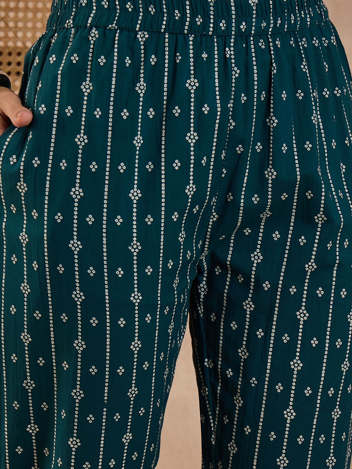 Bandhani Printed Beads and Stones Pure Cotton Kurta With Trousers & Dupatta