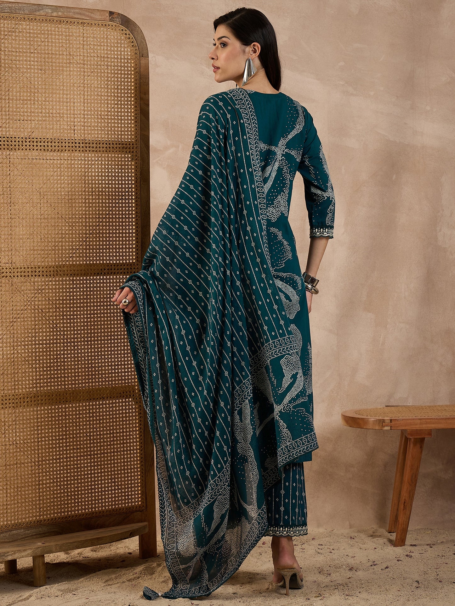 Bandhani Printed Beads and Stones Pure Cotton Kurta With Trousers & Dupatta