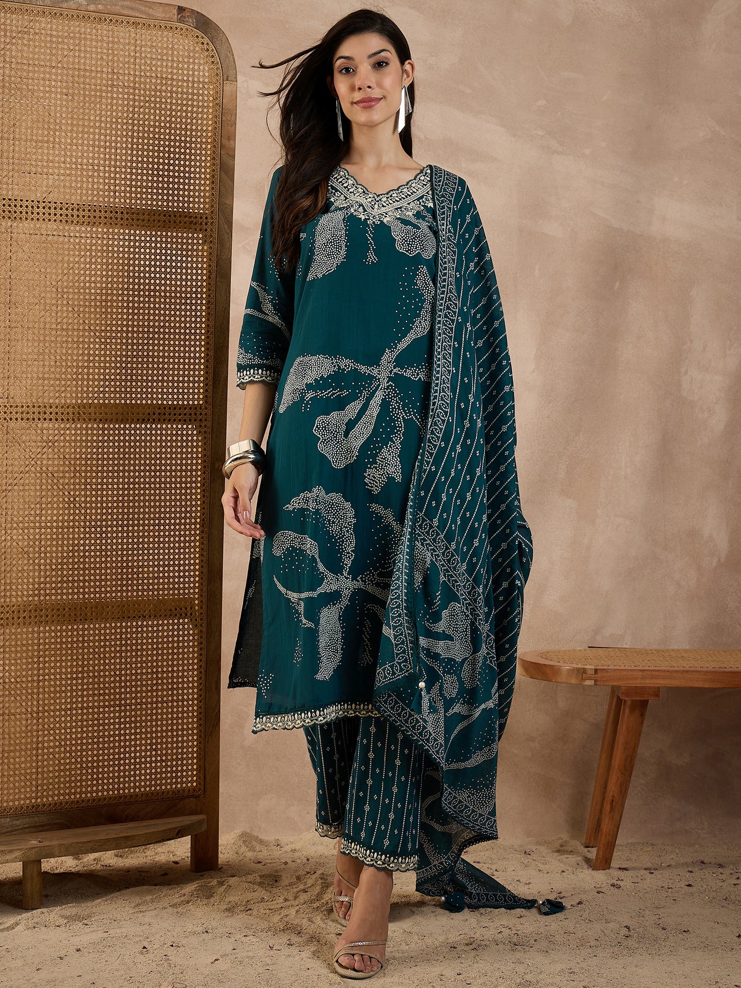 Bandhani Printed Beads and Stones Pure Cotton Kurta With Trousers & Dupatta