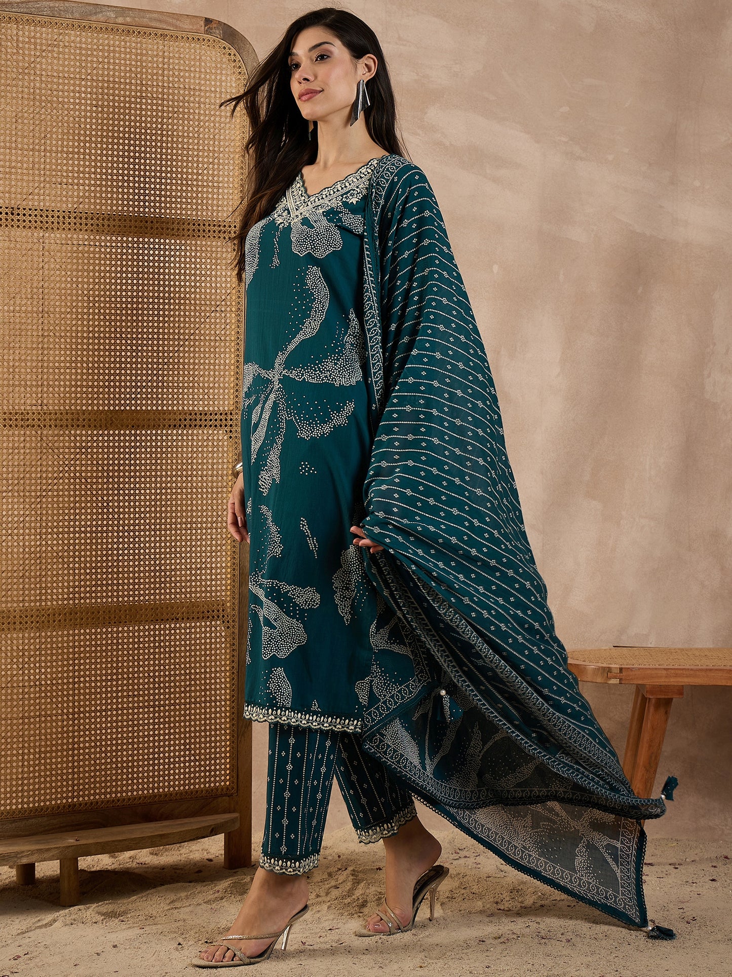 Bandhani Printed Beads and Stones Pure Cotton Kurta With Trousers & Dupatta