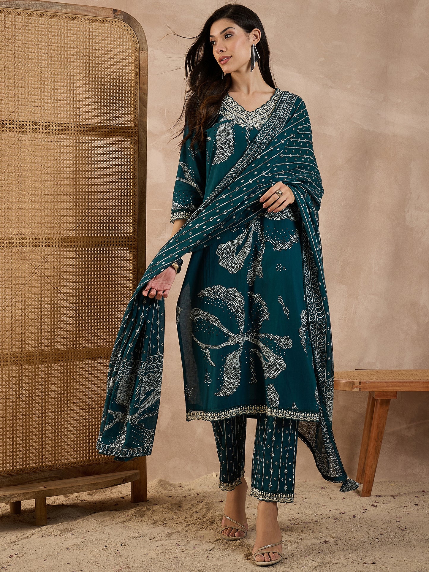 Bandhani Printed Beads and Stones Pure Cotton Kurta With Trousers & Dupatta
