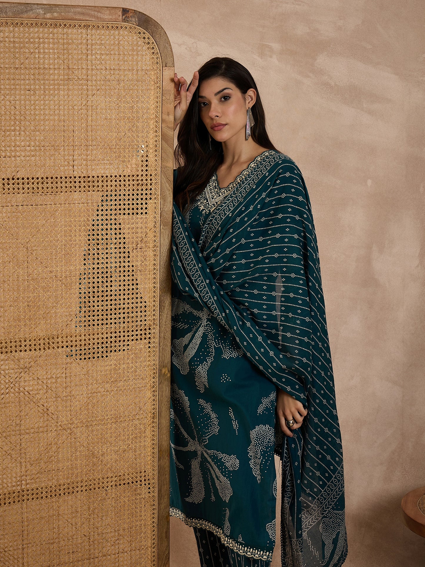 Bandhani Printed Beads and Stones Pure Cotton Kurta With Trousers & Dupatta