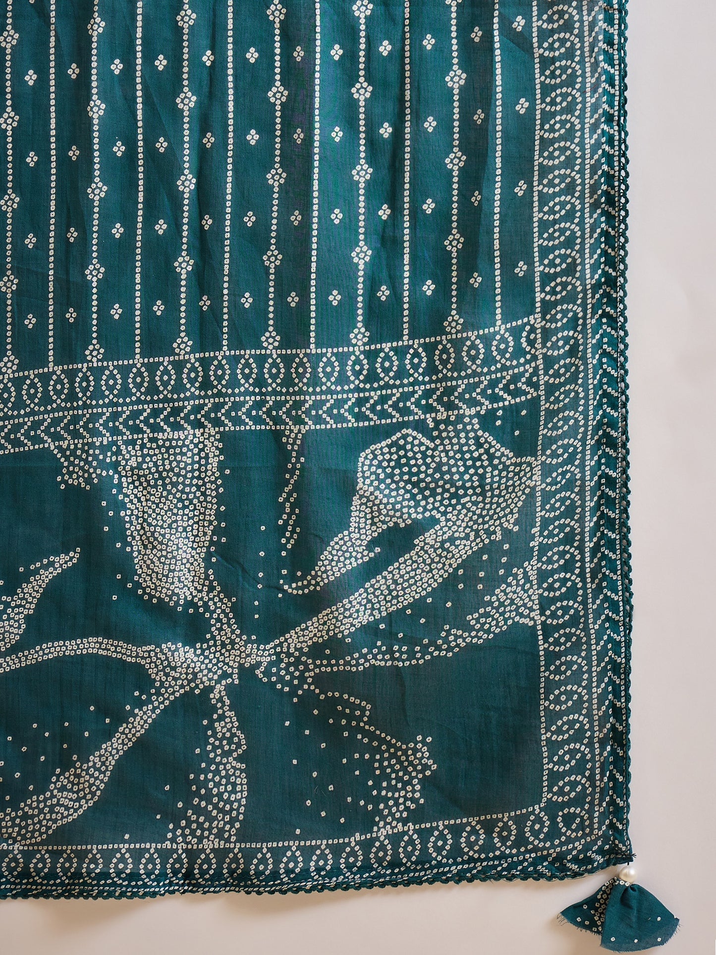 Bandhani Printed Beads and Stones Pure Cotton Kurta With Trousers & Dupatta