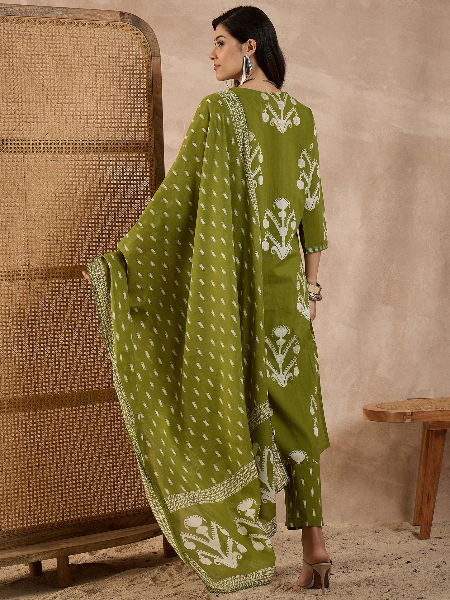 Floral Printed Regular Mirror Work Pure Cotton Kurta With Trousers & Dupatta