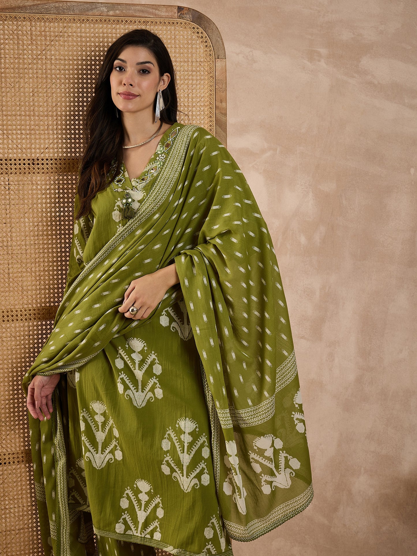 Floral Printed Regular Mirror Work Pure Cotton Kurta With Trousers & Dupatta