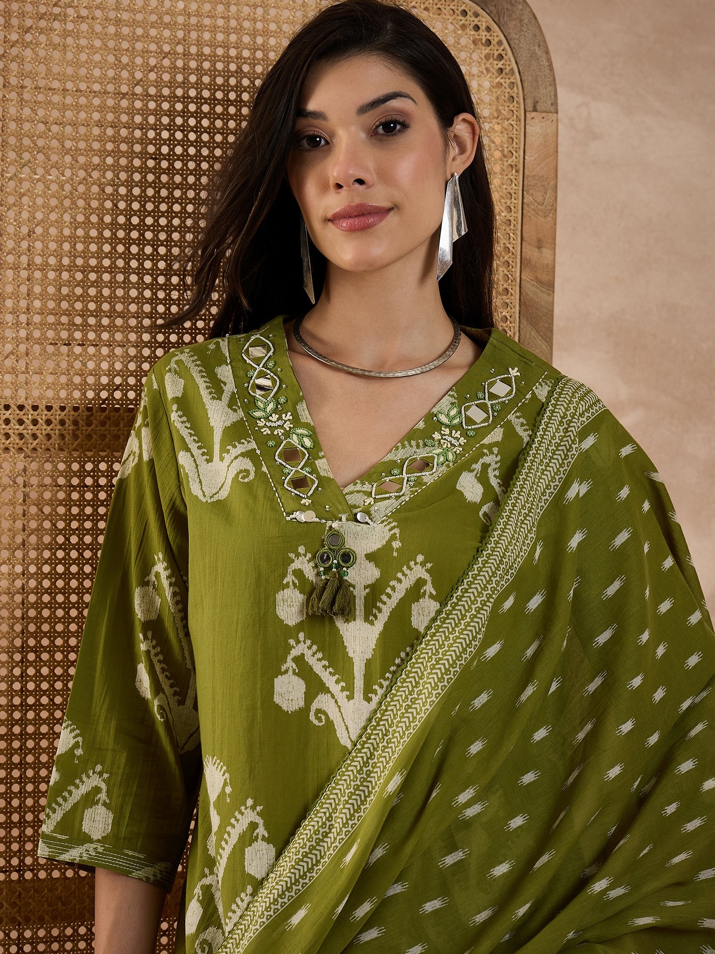 Floral Printed Regular Mirror Work Pure Cotton Kurta With Trousers & Dupatta