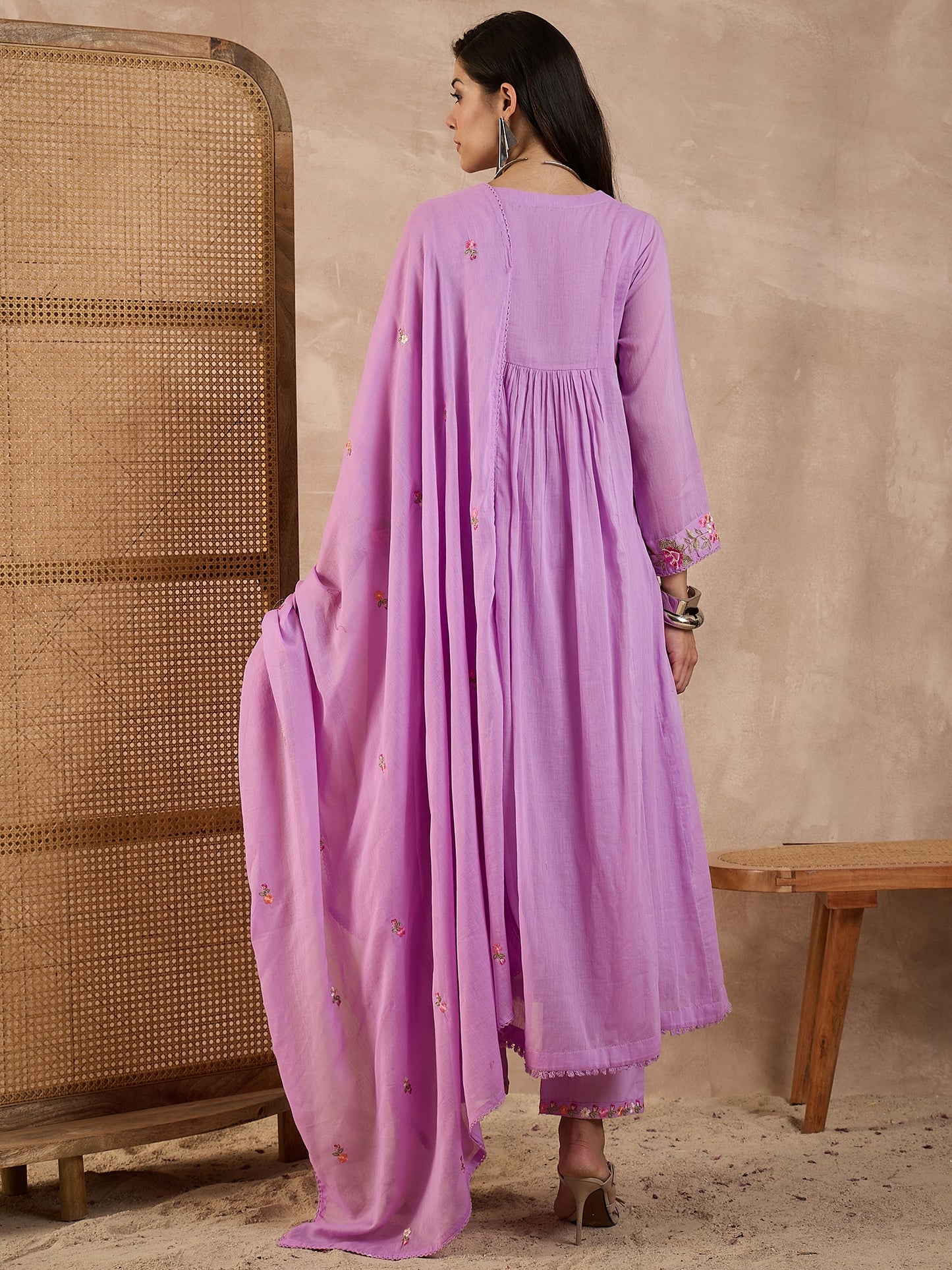Floral Embroidered Pleated Thread Work A-Line Kurta With Trousers & Dupatta