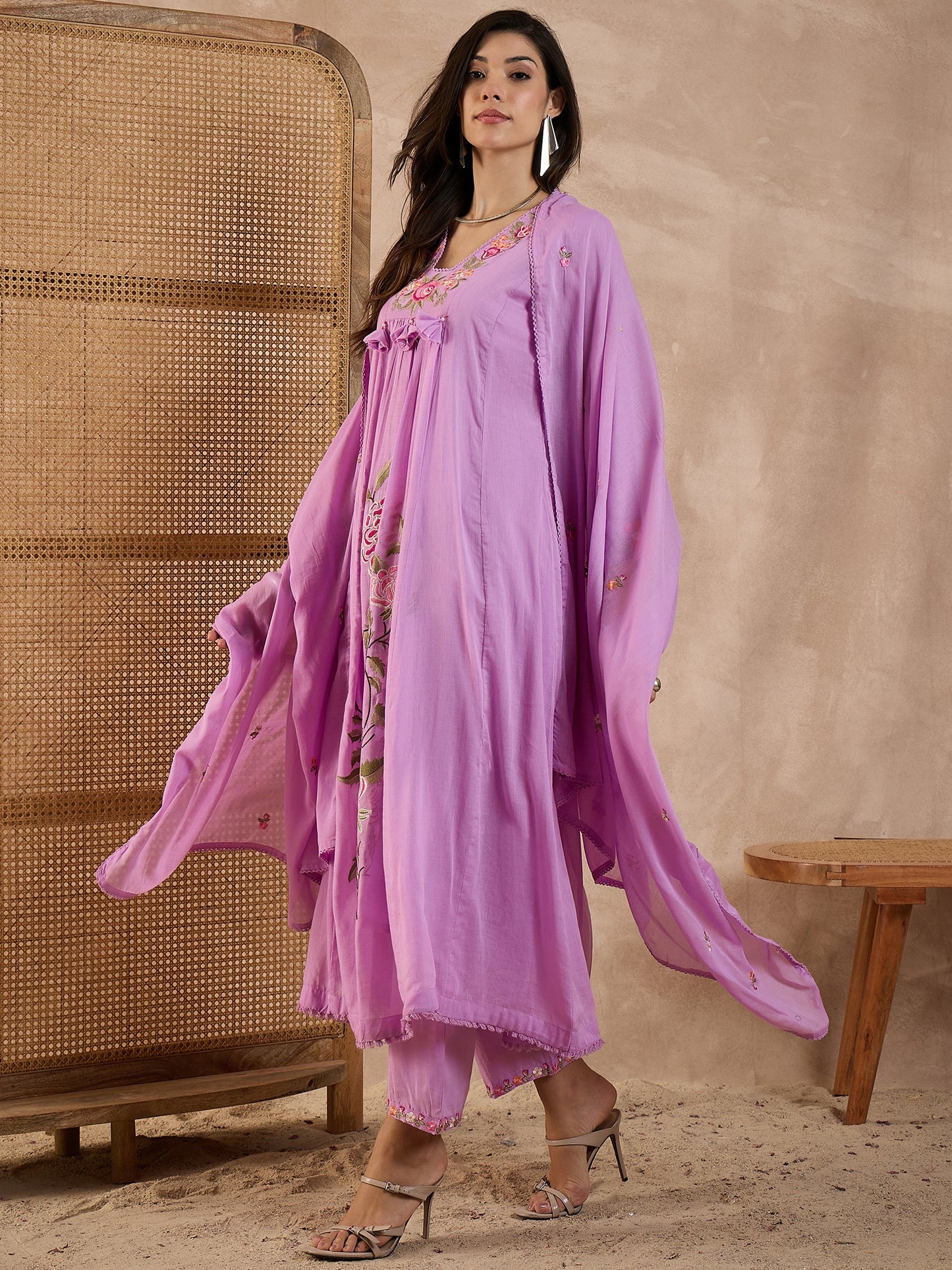 Floral Embroidered Pleated Thread Work A-Line Kurta With Trousers & Dupatta