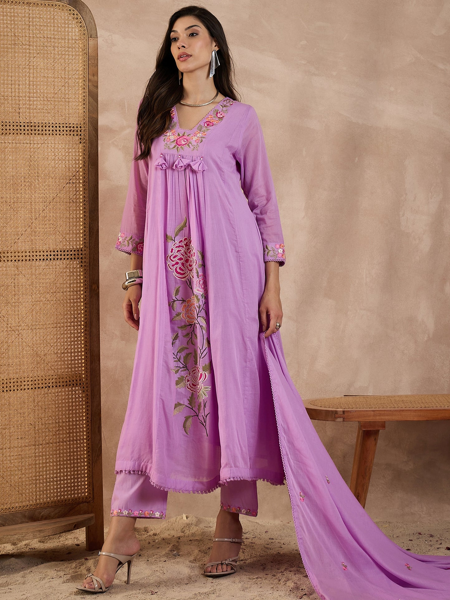 Floral Embroidered Pleated Thread Work A-Line Kurta With Trousers & Dupatta