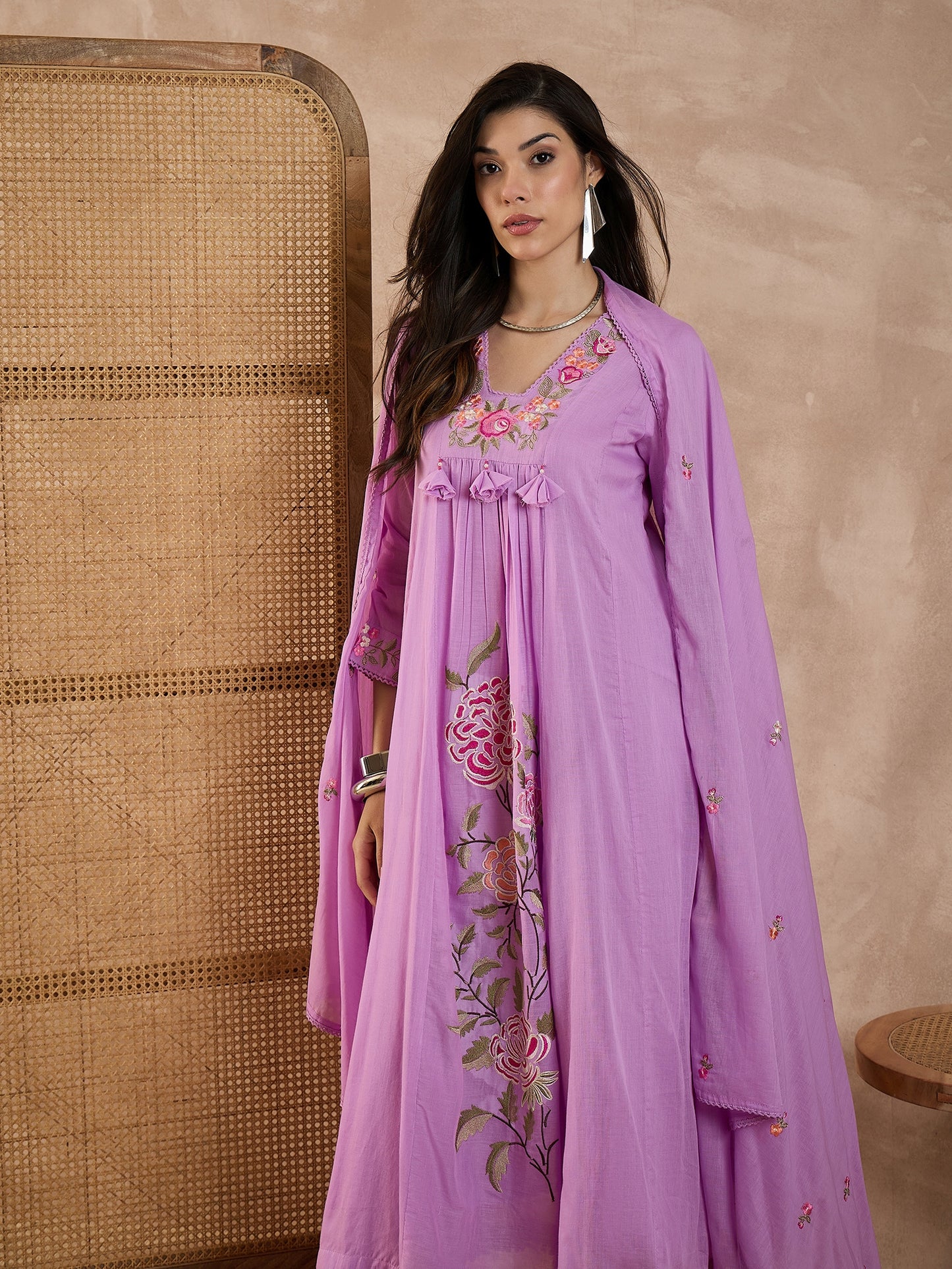 Floral Embroidered Pleated Thread Work A-Line Kurta With Trousers & Dupatta