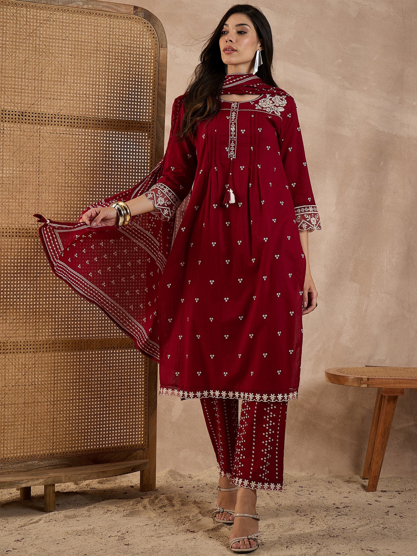 Women Bandhani Printed Cotton Kurta with Trousers & Dupatta