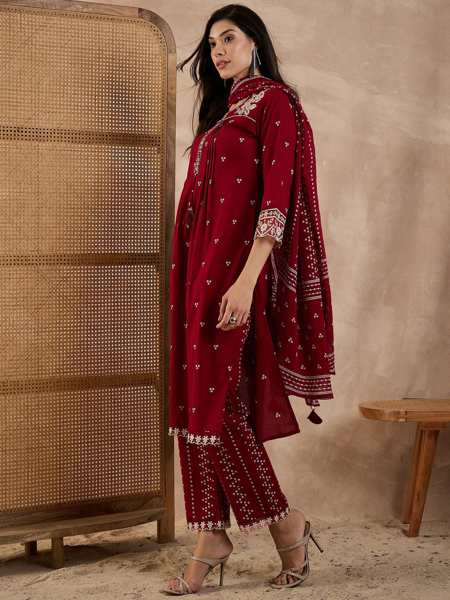 Women Bandhani Printed Cotton Kurta with Trousers & Dupatta