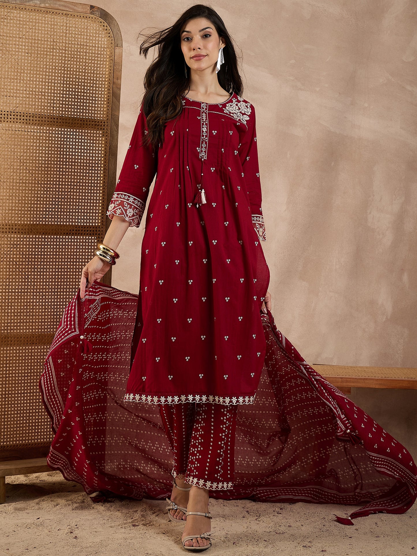 Women Bandhani Printed Cotton Kurta with Trousers & Dupatta