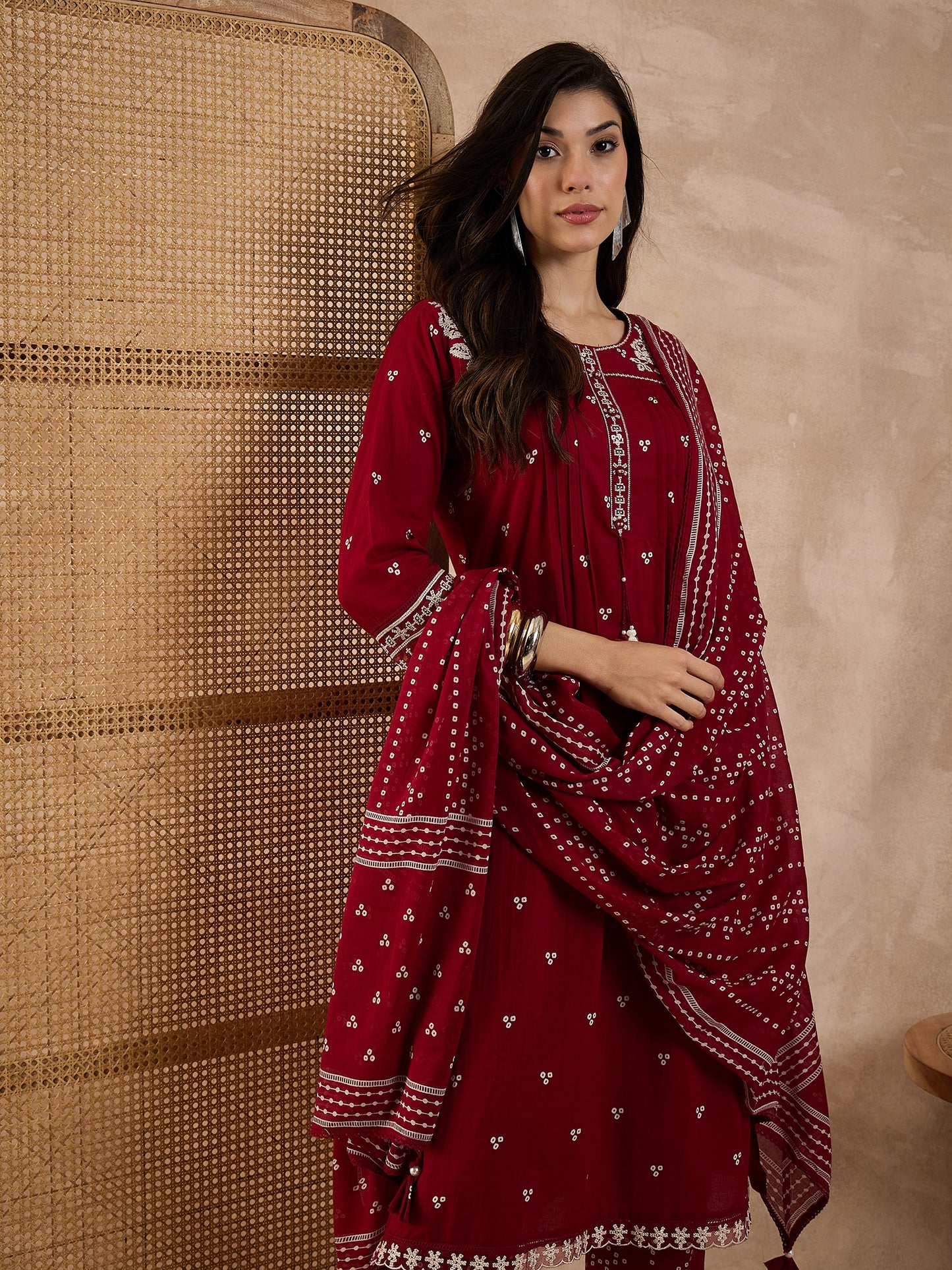 Women Bandhani Printed Cotton Kurta with Trousers & Dupatta