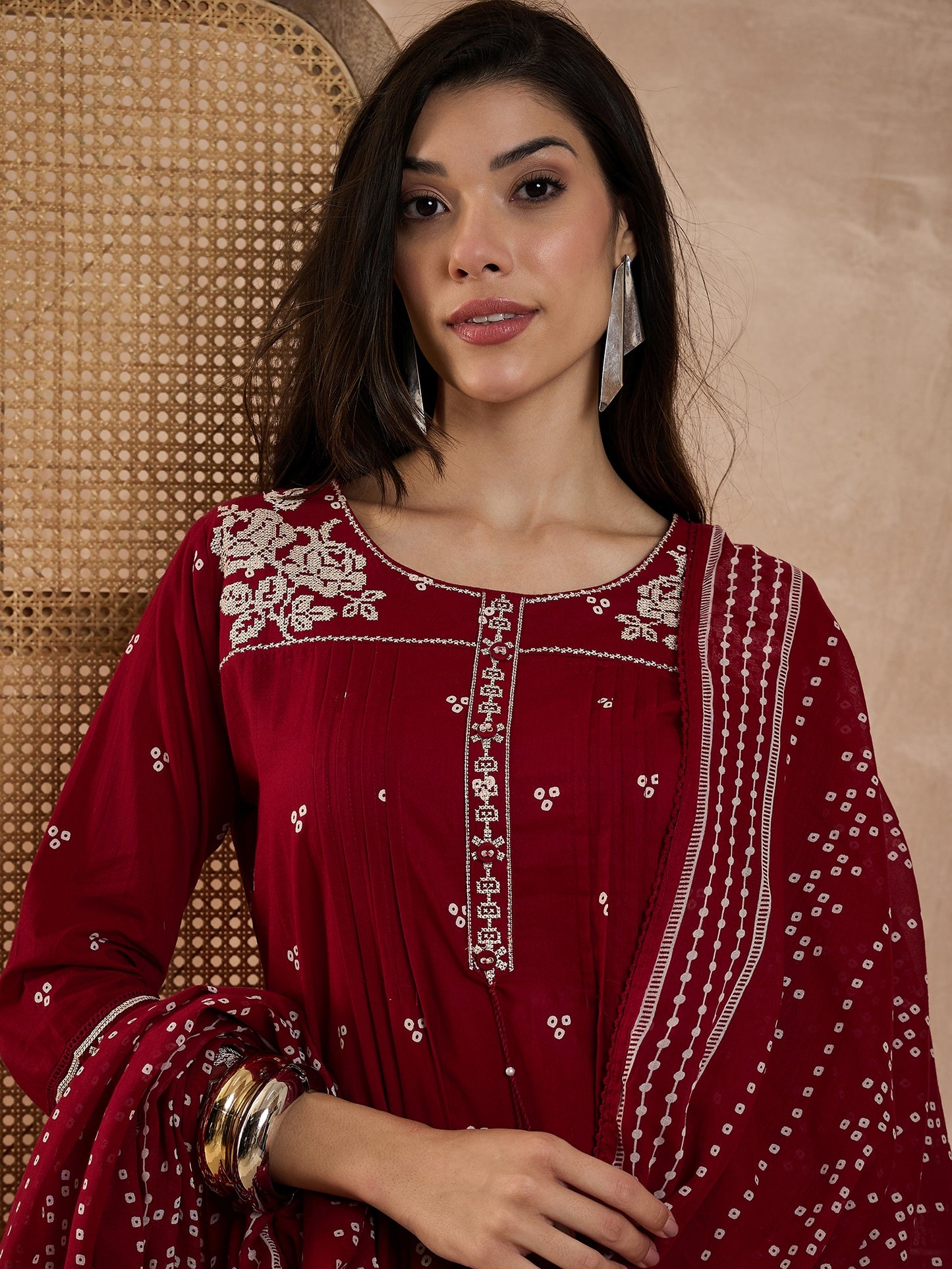 Women Bandhani Printed Cotton Kurta with Trousers & Dupatta