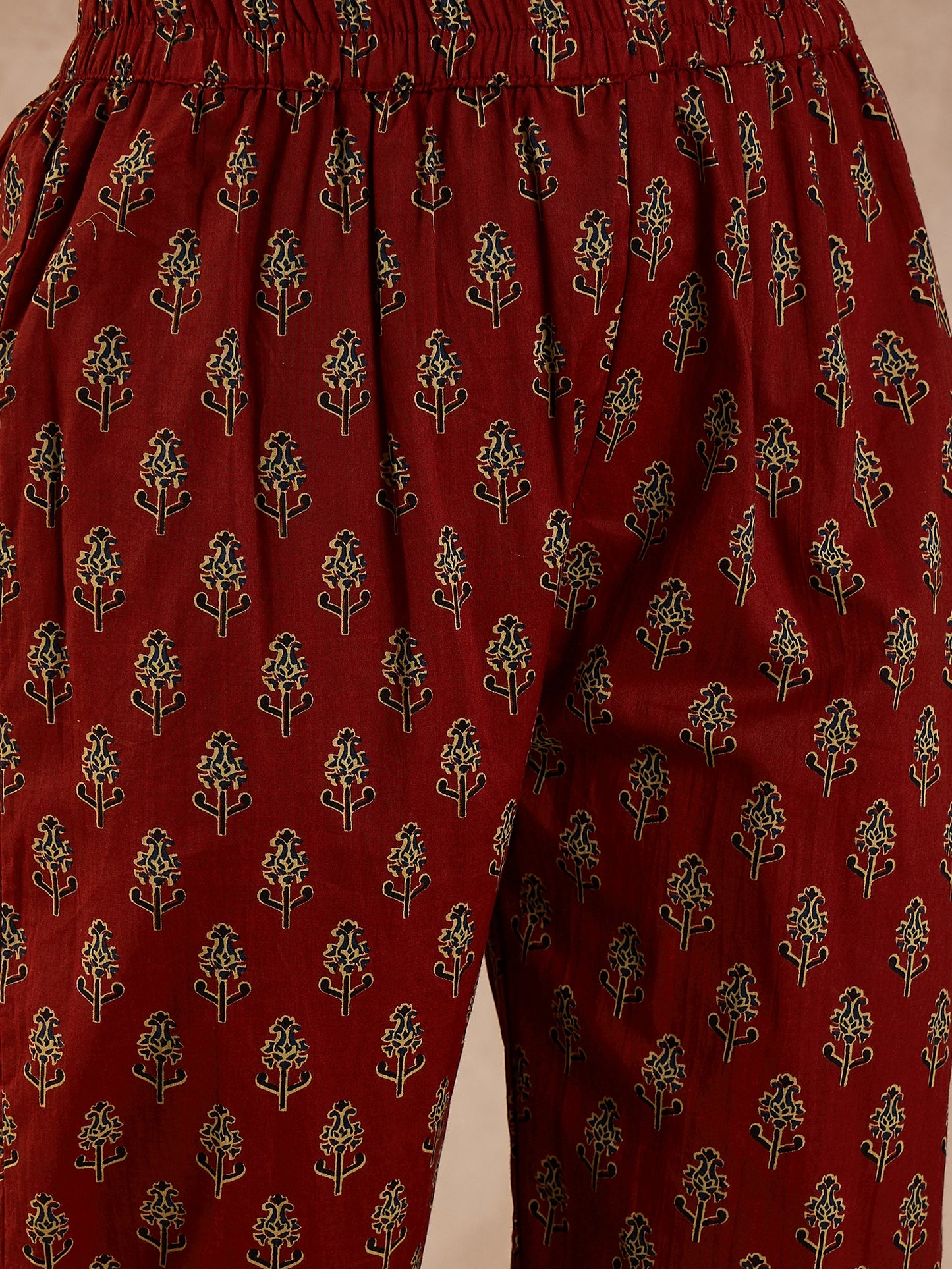 Women Floral Printed Pleated Beads & Stones Pure Cotton Kurta with Trouser & Dupatta
