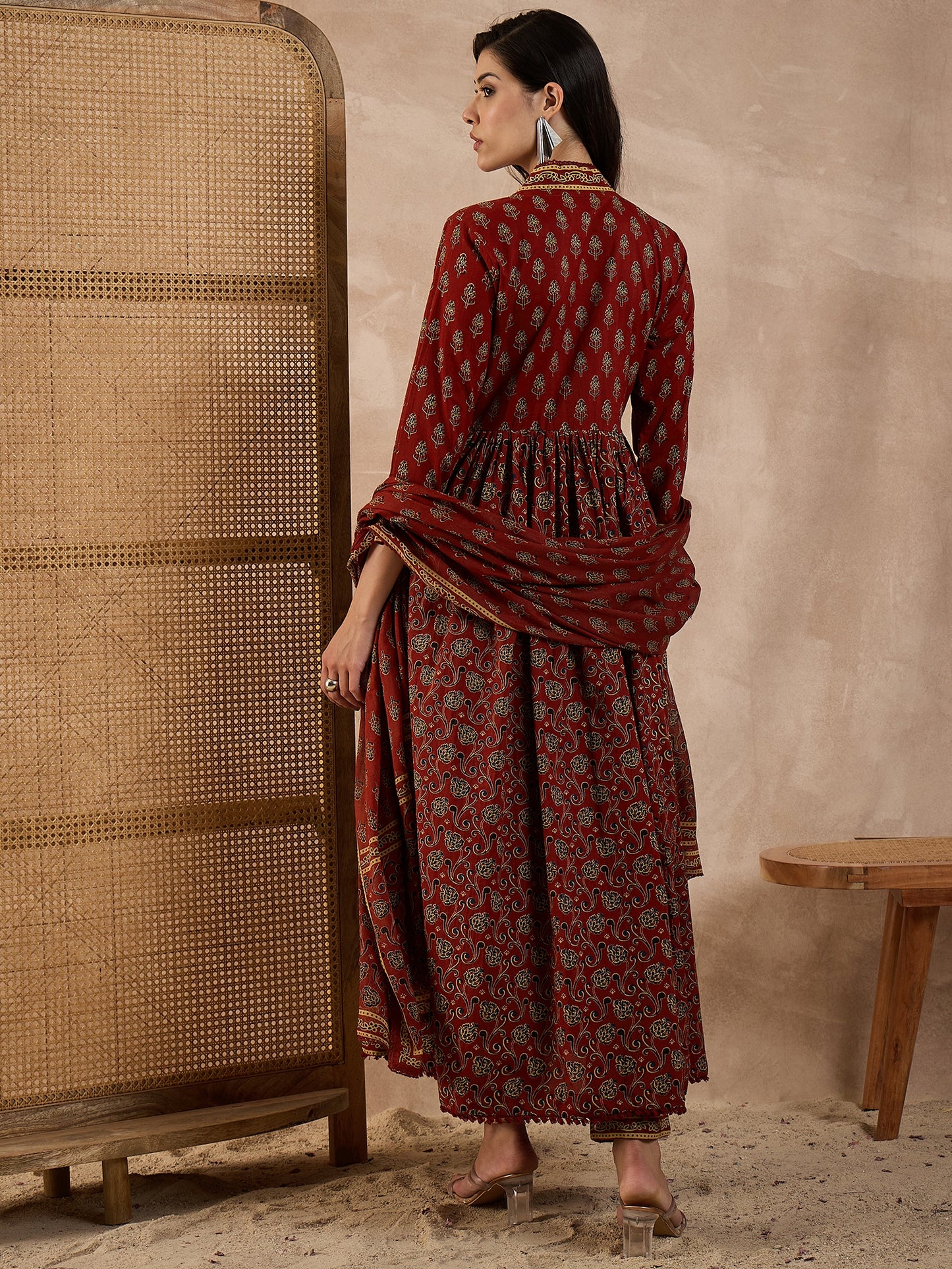 Women Floral Printed Pleated Beads & Stones Pure Cotton Kurta with Trouser & Dupatta