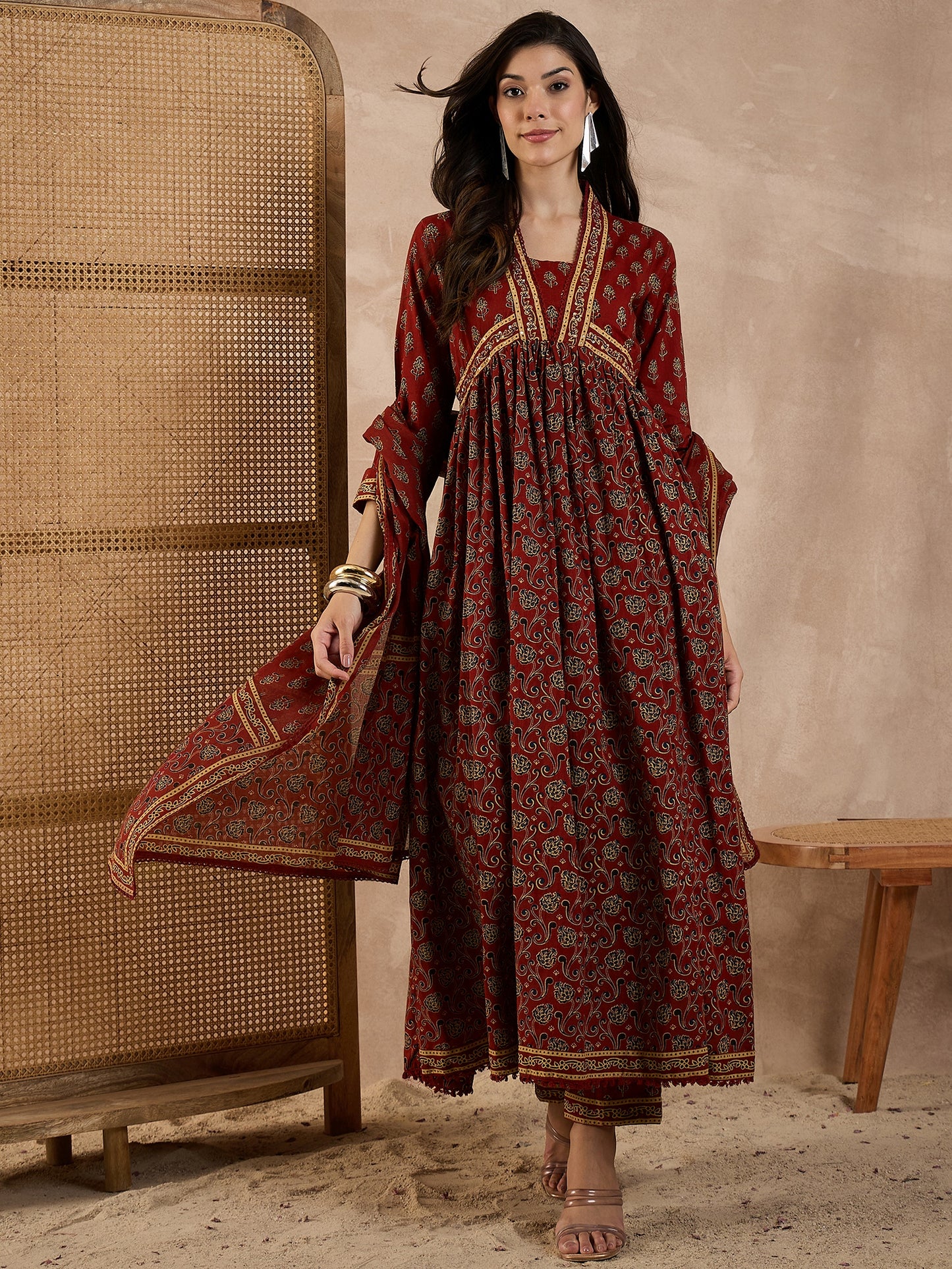 Women Floral Printed Pleated Beads & Stones Pure Cotton Kurta with Trouser & Dupatta