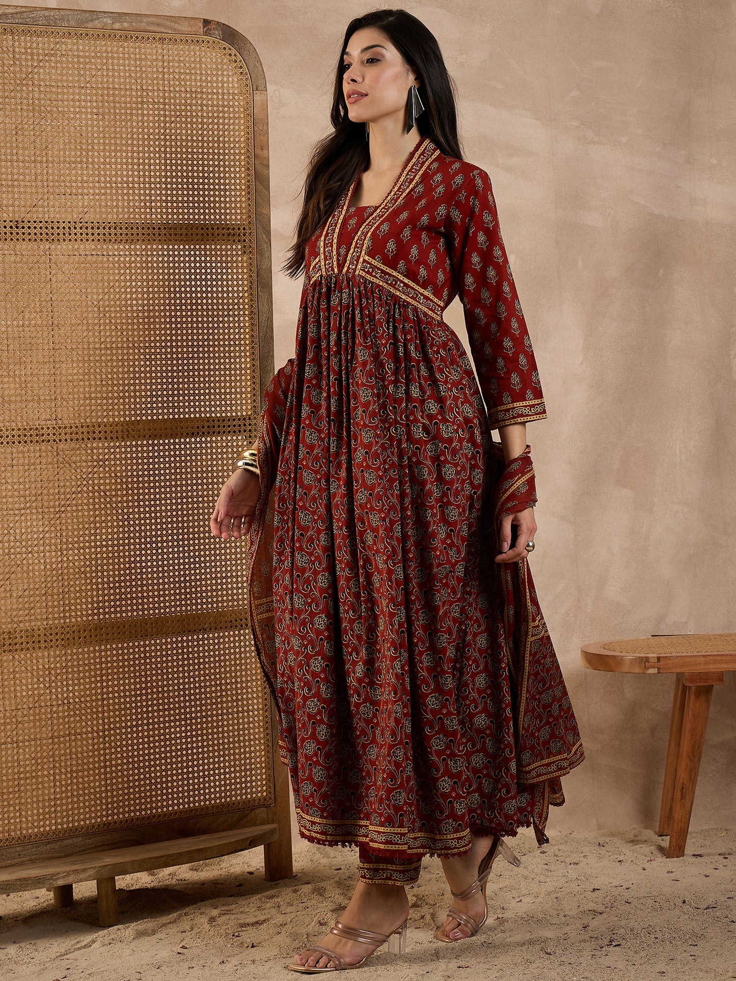 Women Floral Printed Pleated Beads & Stones Pure Cotton Kurta with Trouser & Dupatta