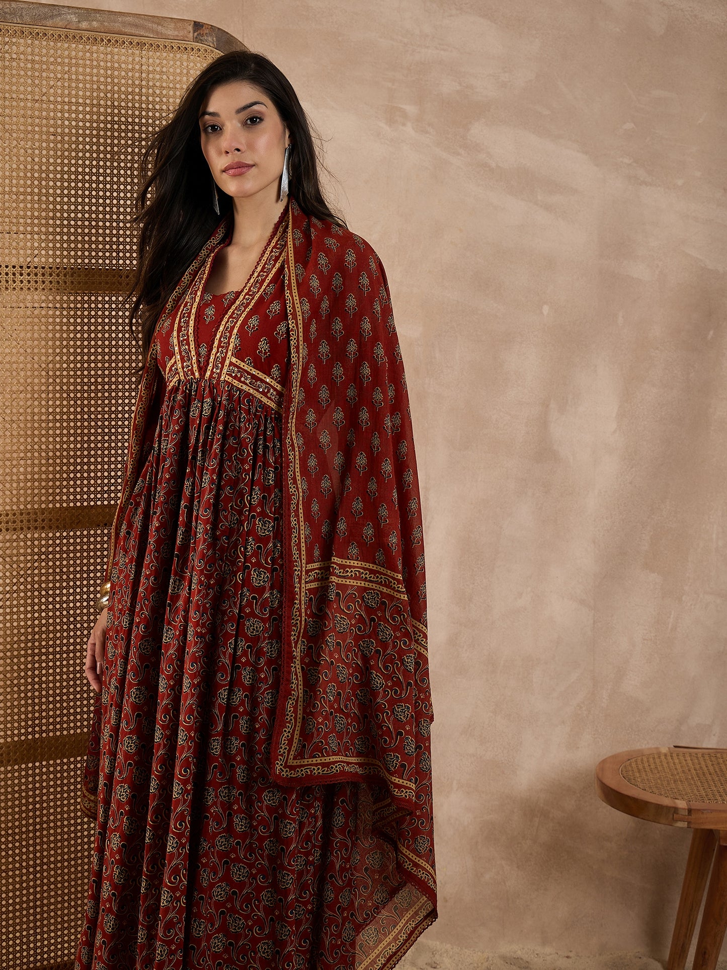 Women Floral Printed Pleated Beads & Stones Pure Cotton Kurta with Trouser & Dupatta