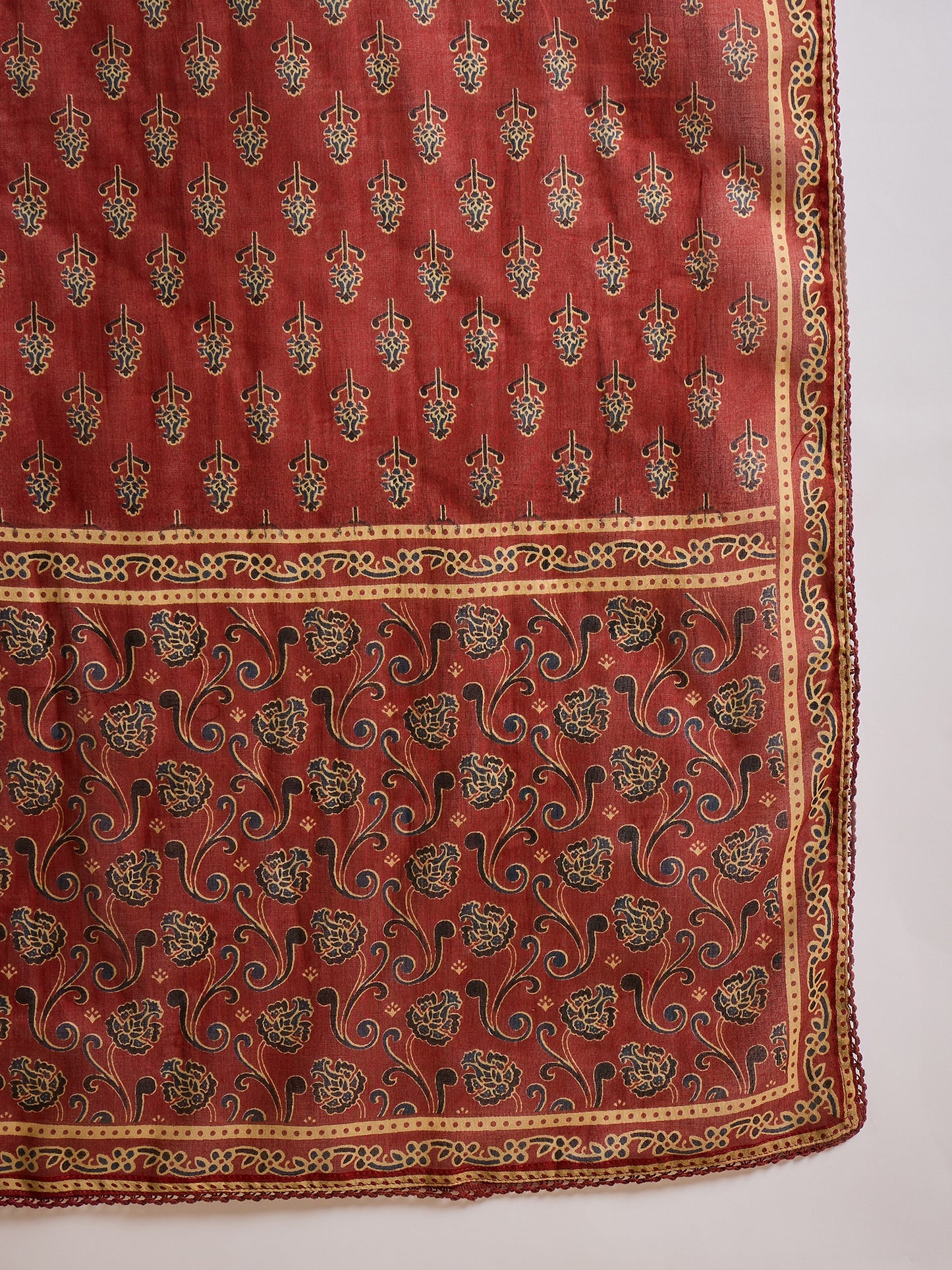 Women Floral Printed Pleated Beads & Stones Pure Cotton Kurta with Trouser & Dupatta
