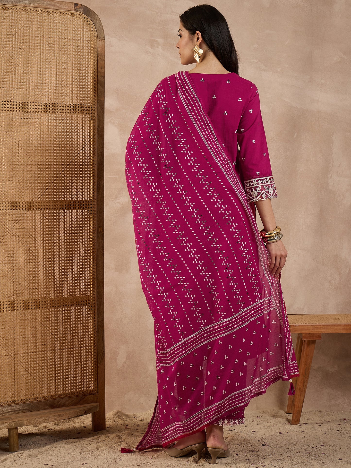Women Bandhani Printed Cotton Kurta with Trousers & Dupatta