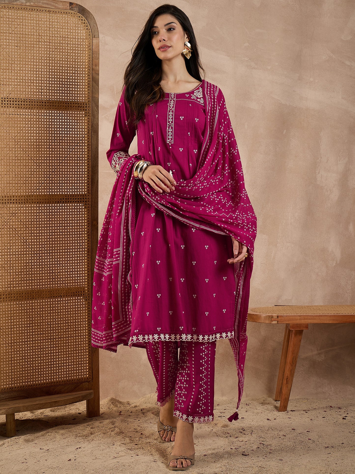 Women Bandhani Printed Cotton Kurta with Trousers & Dupatta