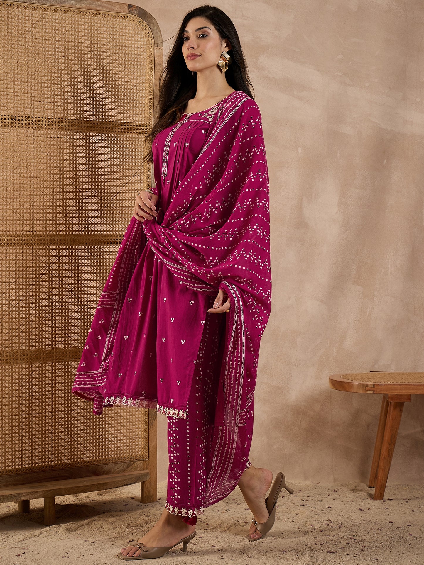 Women Bandhani Printed Cotton Kurta with Trousers & Dupatta