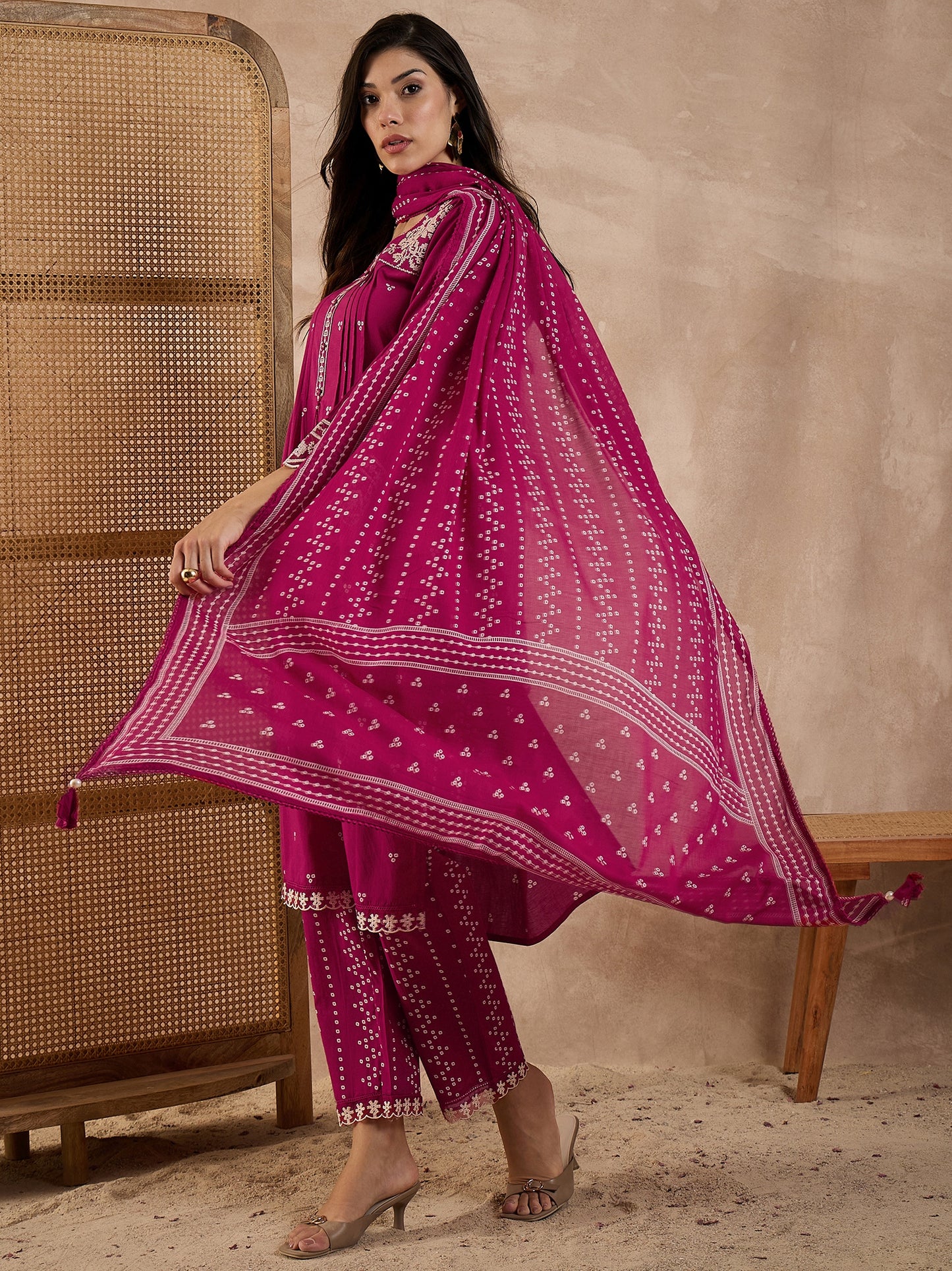 Women Bandhani Printed Cotton Kurta with Trousers & Dupatta