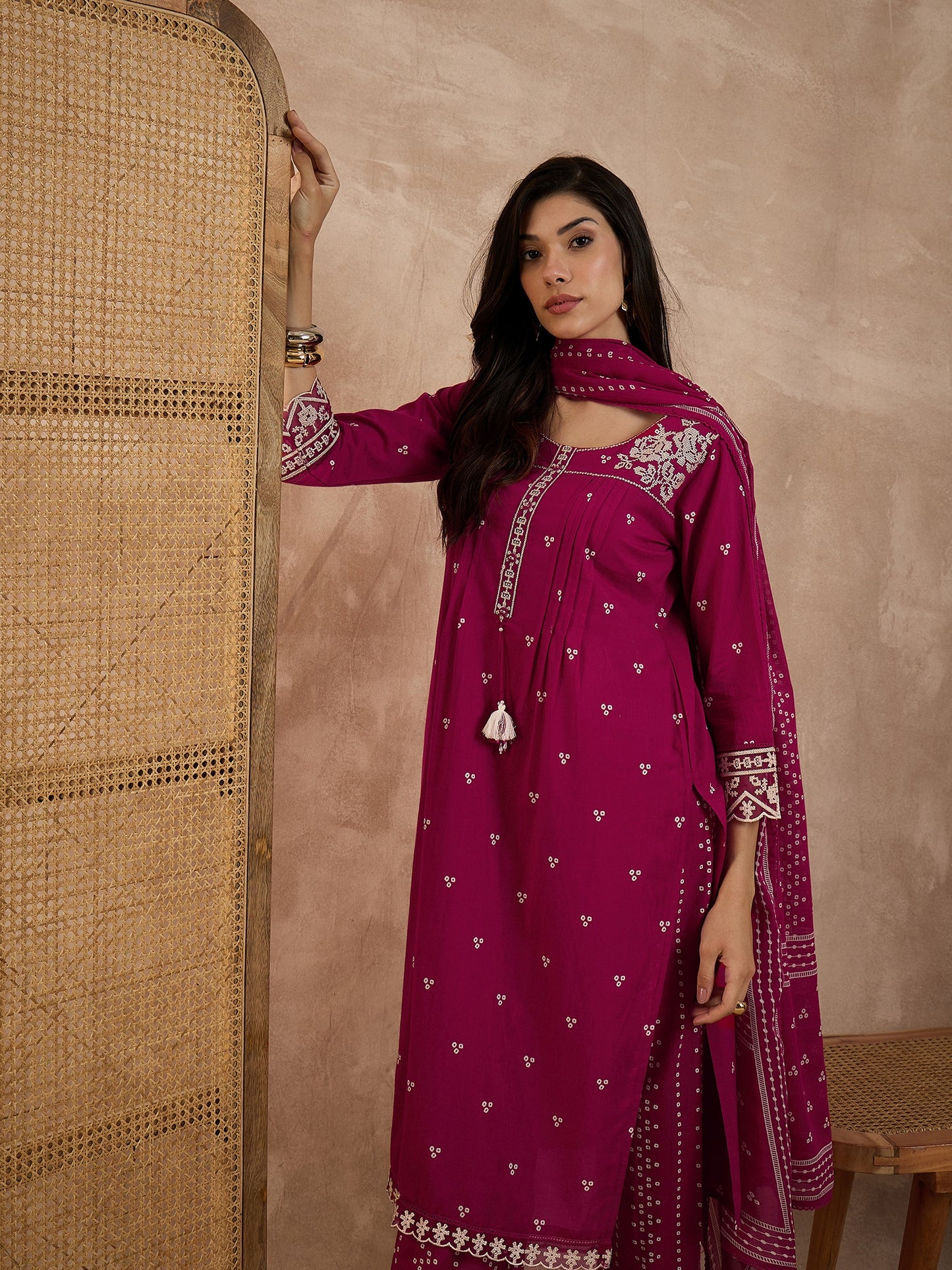 Women Bandhani Printed Cotton Kurta with Trousers & Dupatta