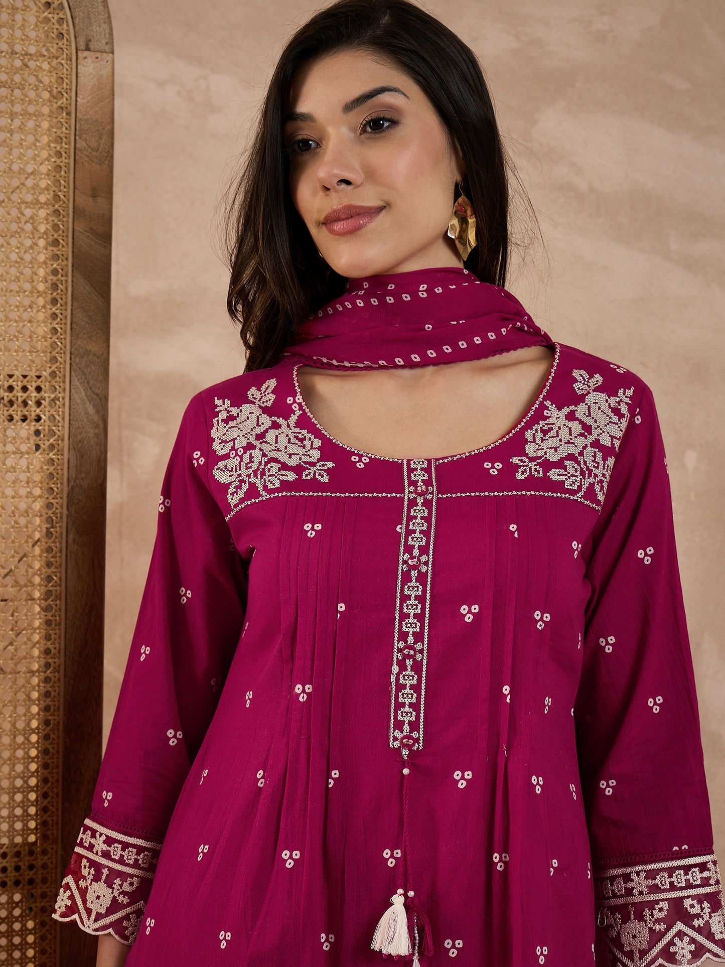 Women Bandhani Printed Cotton Kurta with Trousers & Dupatta