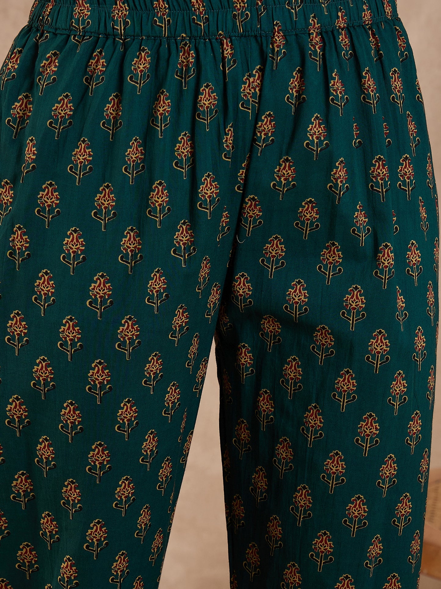 Women Printed Pleated Pure Cotton Anarkali Kurta set with Trousers & Dupatta