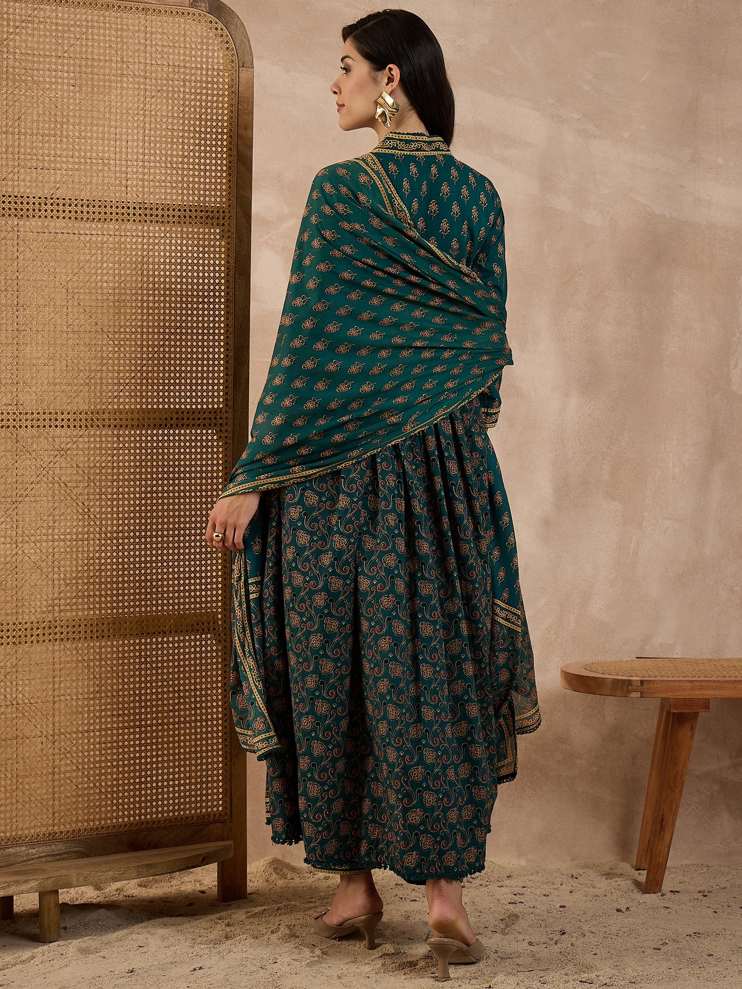 Women Printed Pleated Pure Cotton Anarkali Kurta set with Trousers & Dupatta