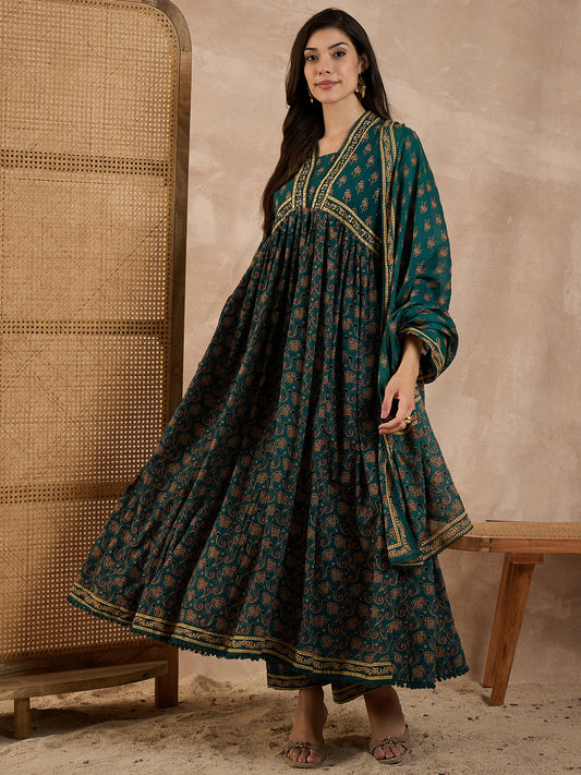 Women Printed Pleated Pure Cotton Anarkali Kurta set with Trousers & Dupatta