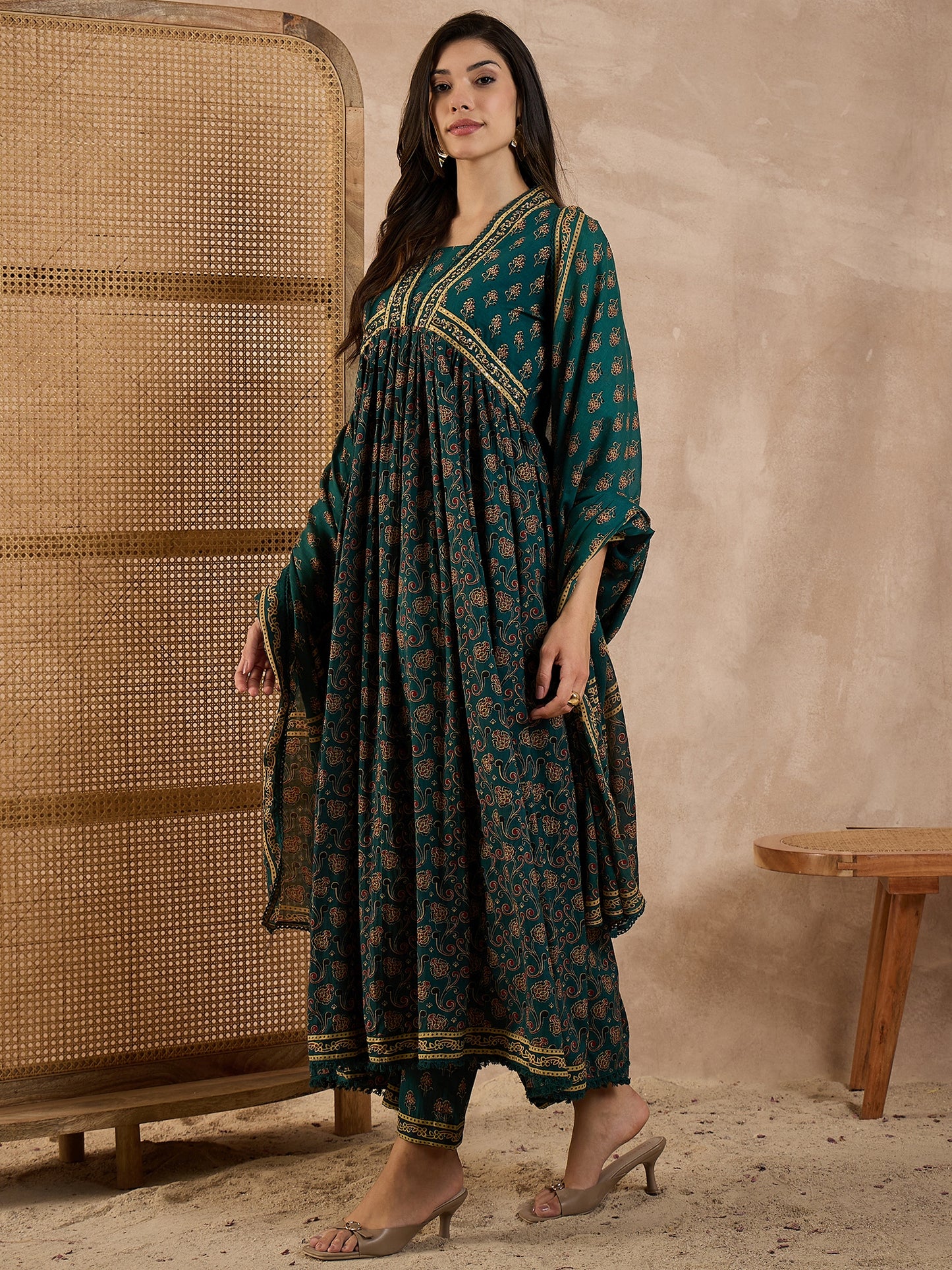 Women Printed Pleated Pure Cotton Anarkali Kurta set with Trousers & Dupatta