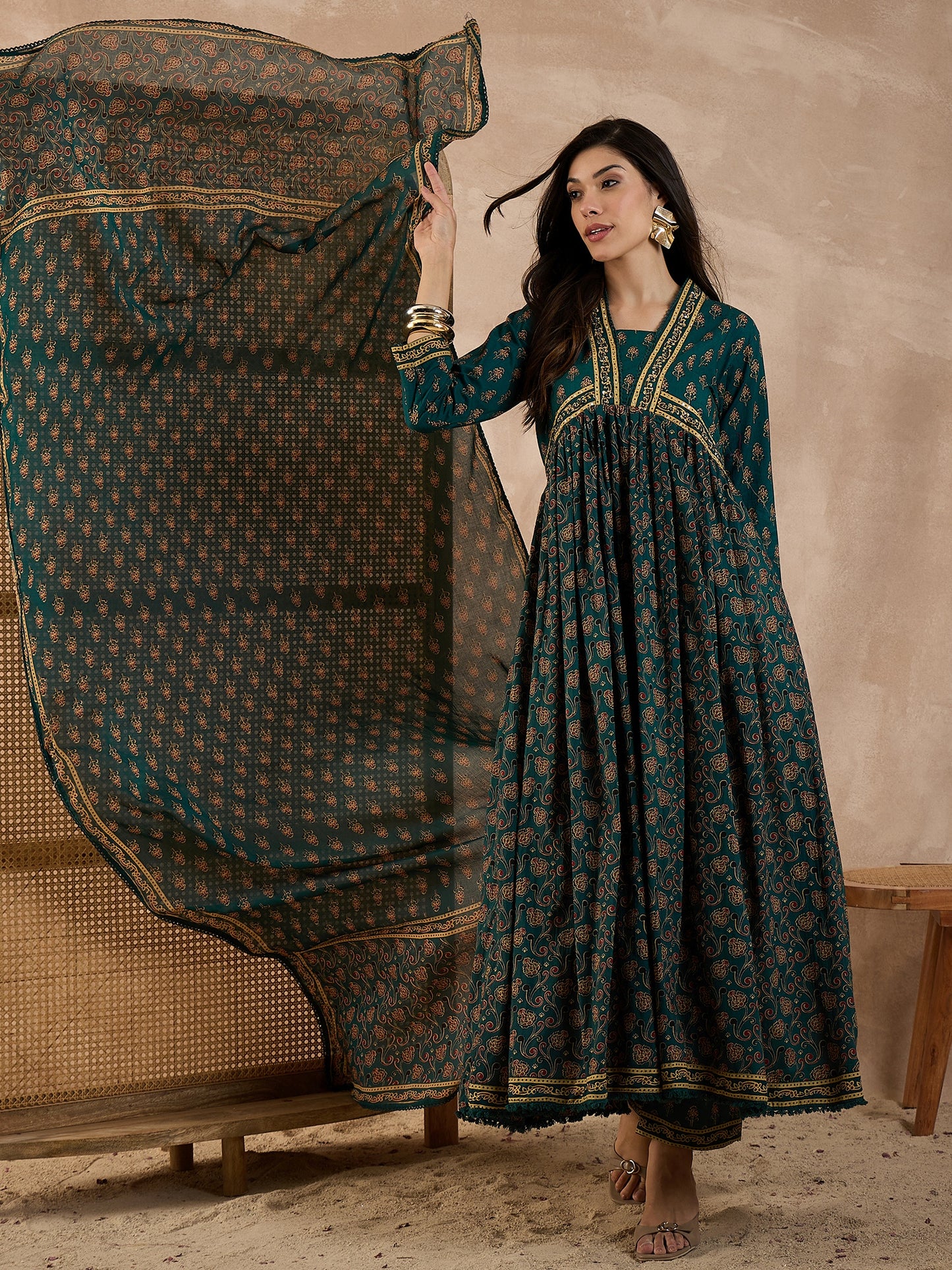 Women Printed Pleated Pure Cotton Anarkali Kurta set with Trousers & Dupatta