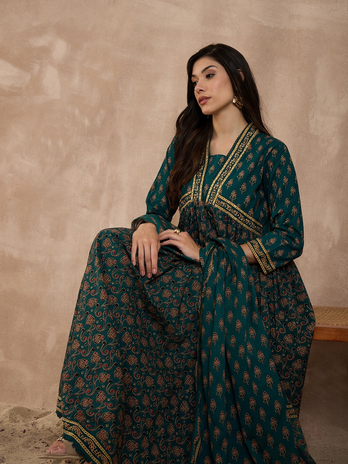 Women Printed Pleated Pure Cotton Anarkali Kurta set with Trousers & Dupatta